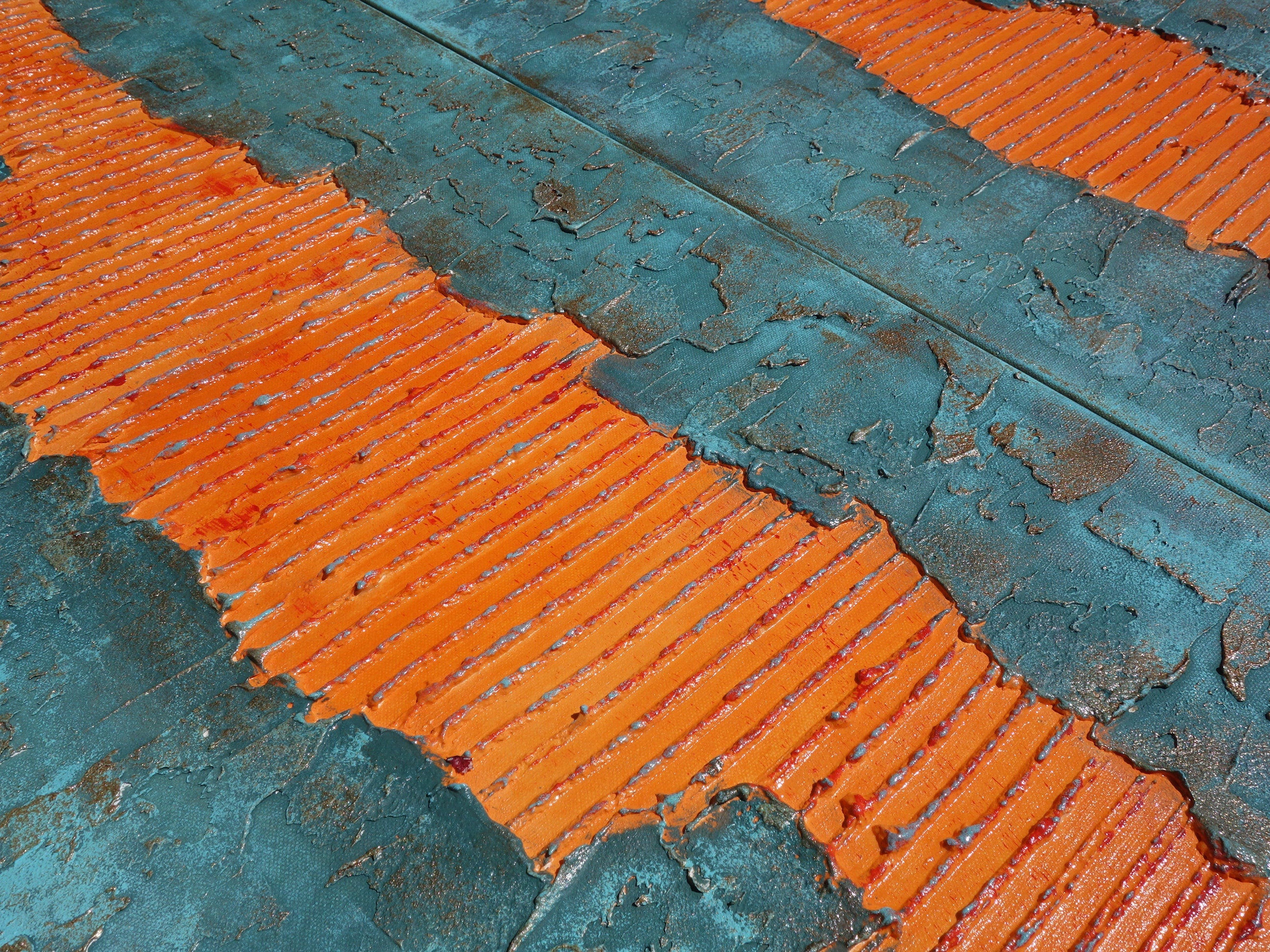 Copper patina orange Paintings “Abstract A044” - Textured Long Diptych by Ksavera