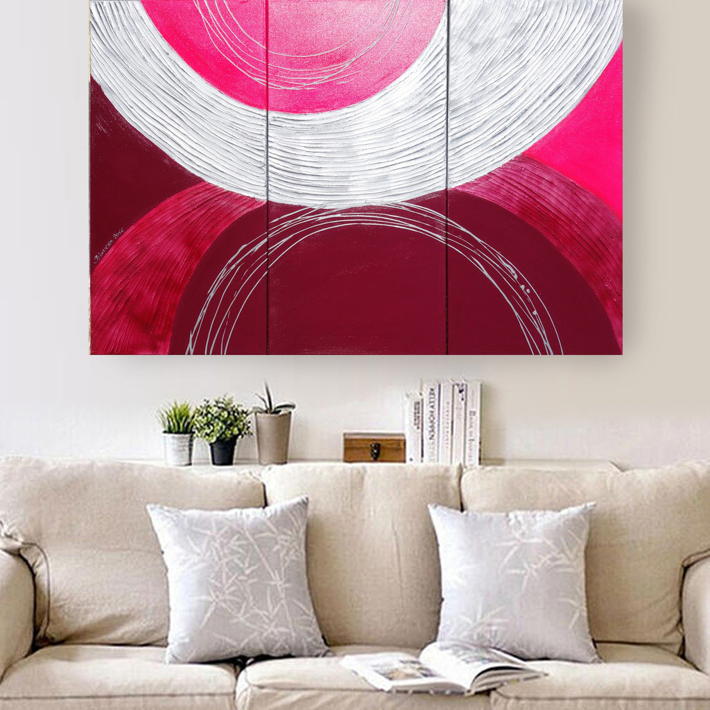 Peintures abstraites rose argenté A037 — Grand triptyque texturé de Ksavera