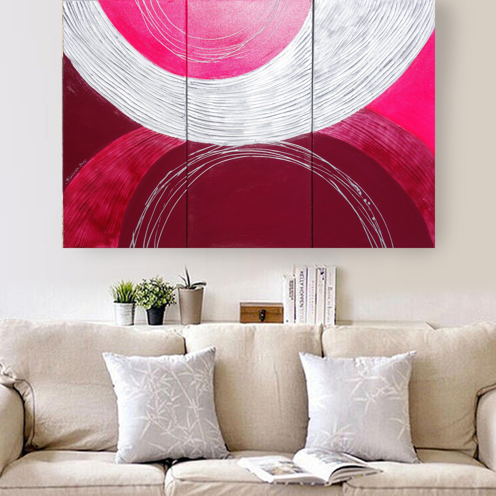 Peintures abstraites rose argenté A037 — Grand triptyque texturé de Ksavera