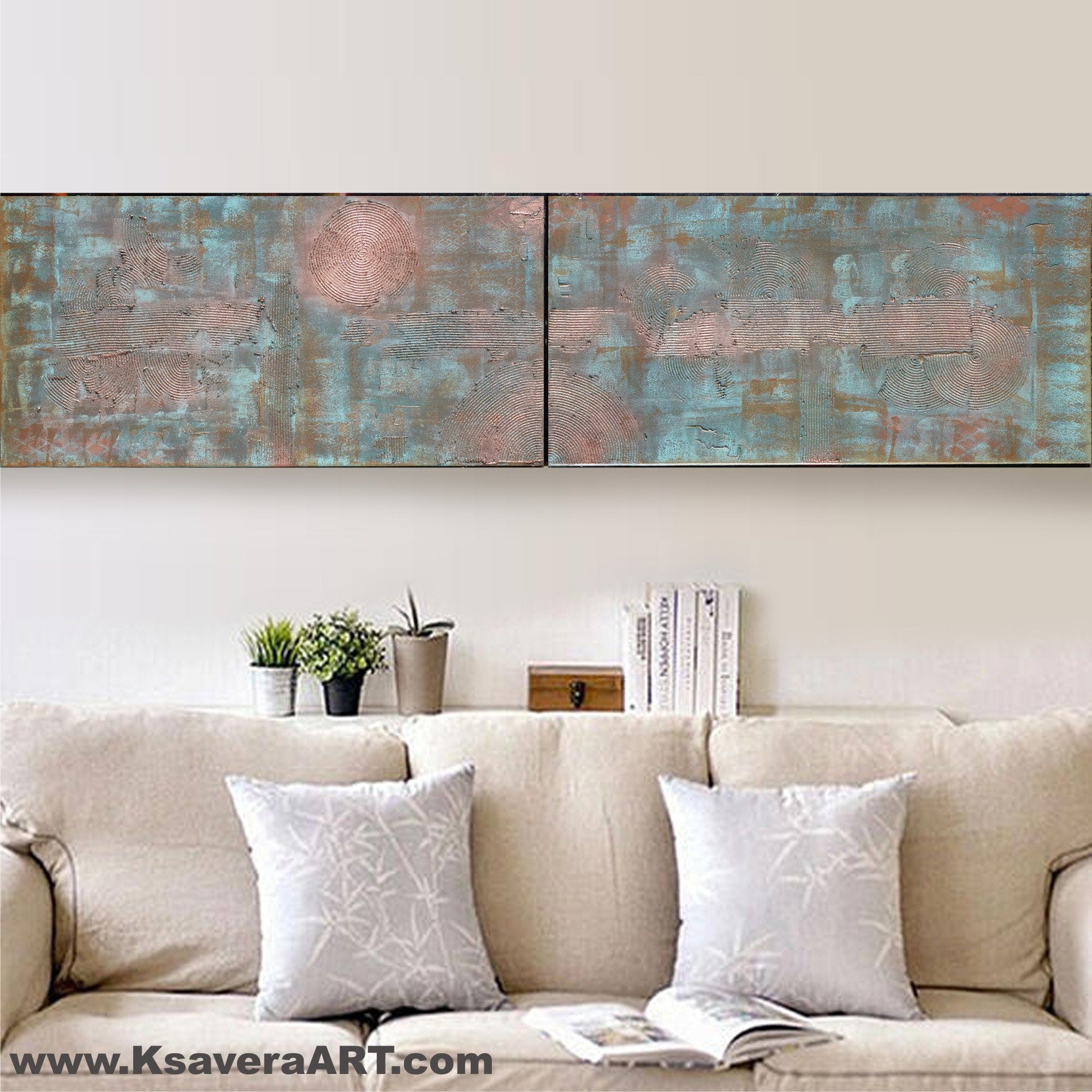 Copper patina Paintings “Abstract A029” - Textured Long Diptych by Ksavera