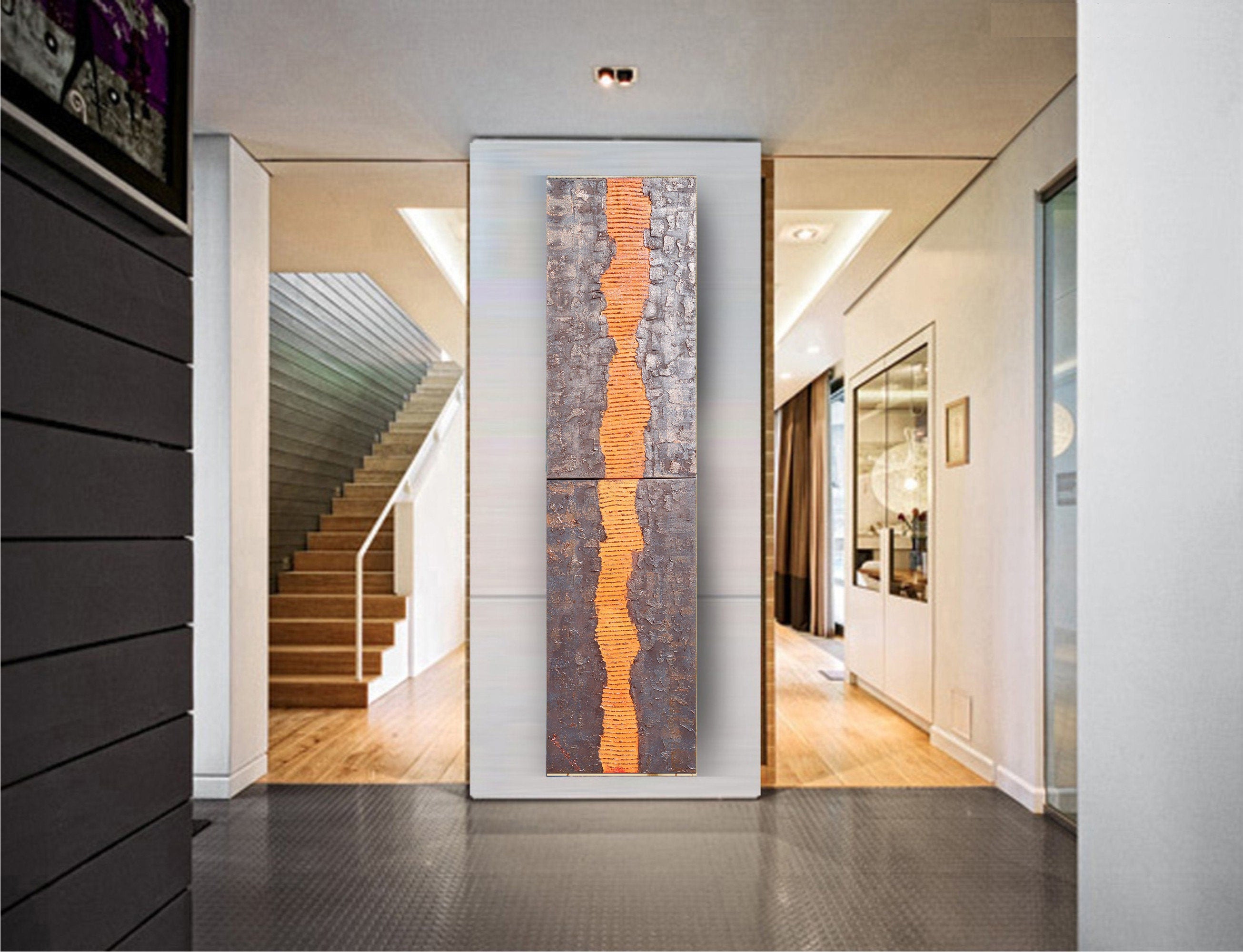 Irusty iron orange Paintings “Abstract A043” - Textured Long Diptych by Ksavera