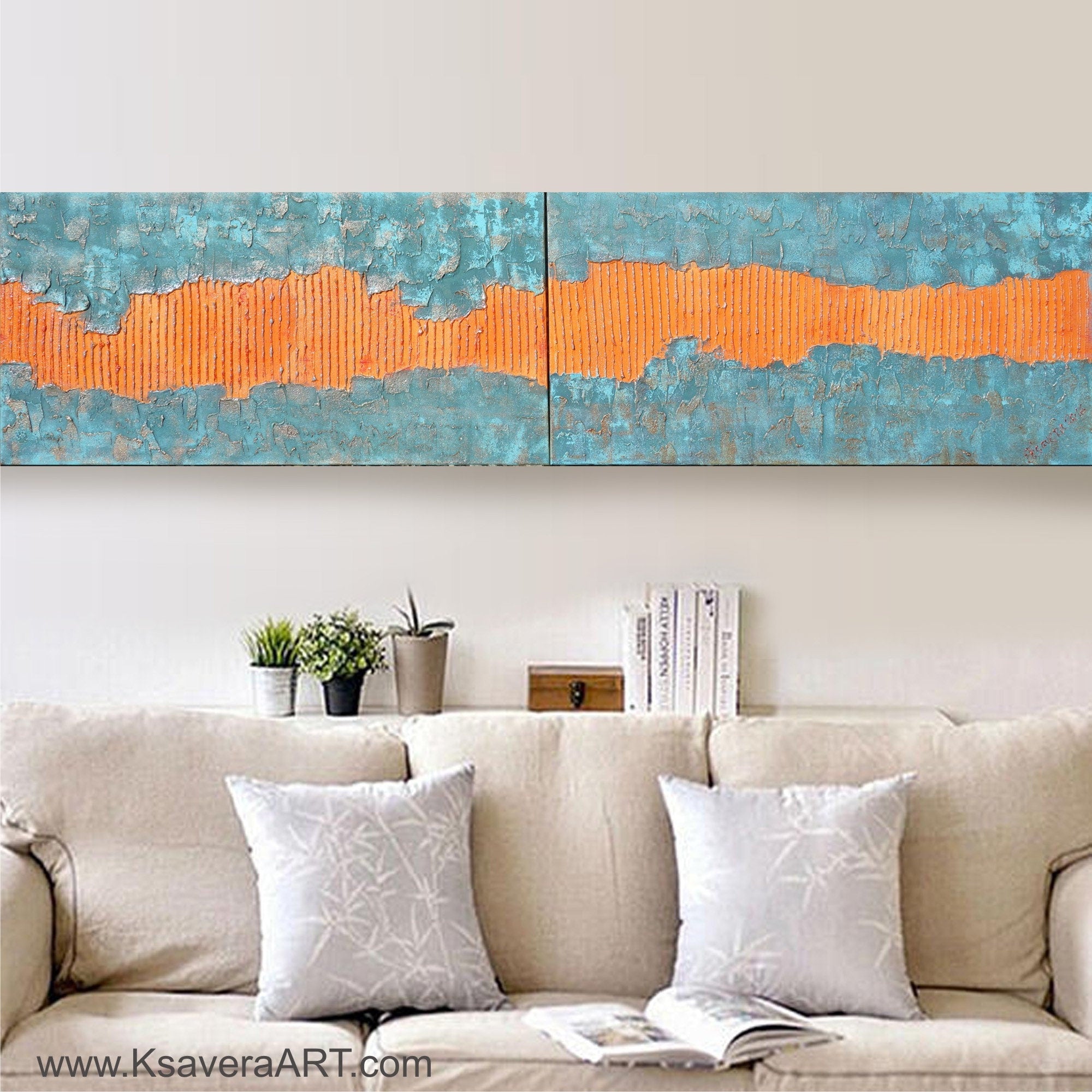 Copper patina orange Paintings “Abstract A044” - Textured Long Diptych by Ksavera