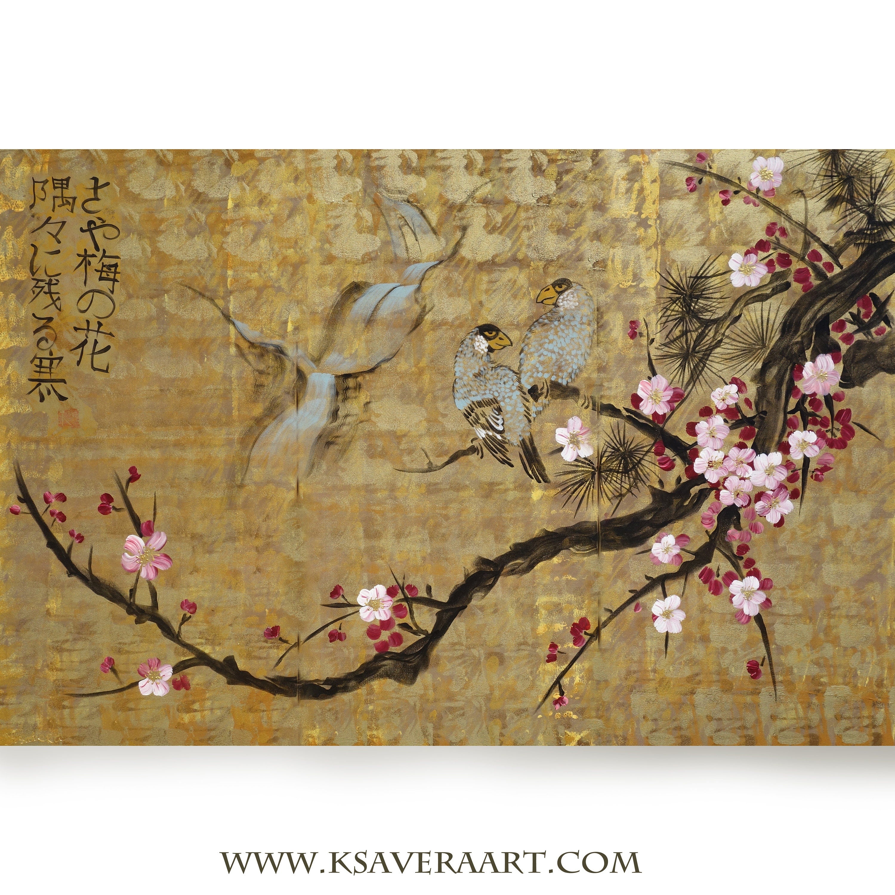 Cherry blossoms and love birds J165 Japanese gold zen painting