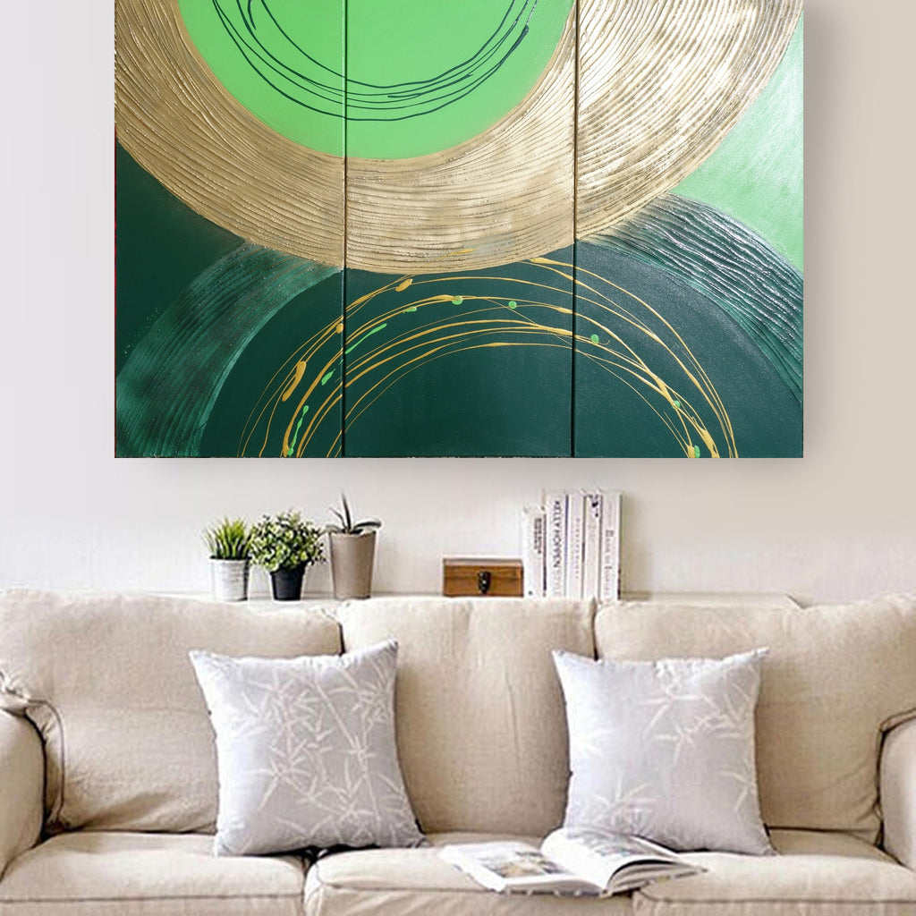 Peintures or vert « Abstrait A056 » — Grand triptyque texturé de Ksavera