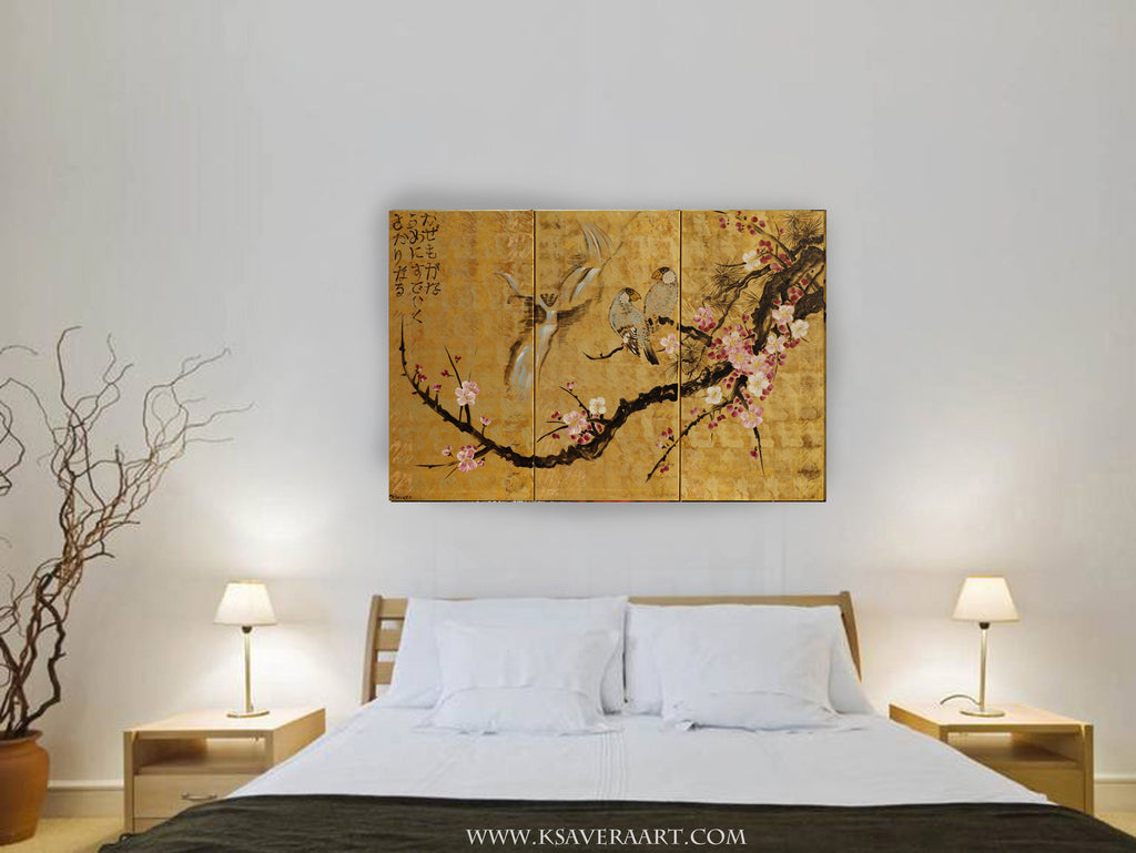 Love Birds J166 large Japanese gold triptych - original paintings by Ksavera