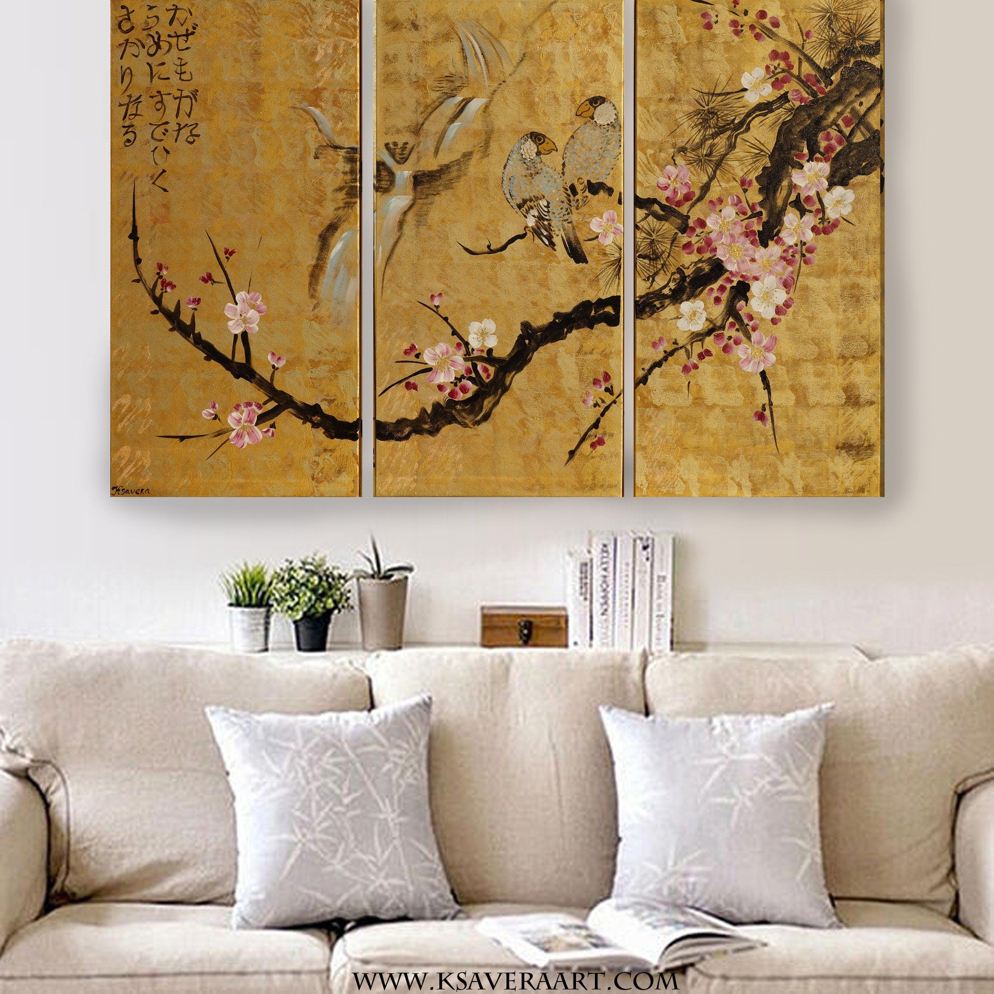 Love Birds J166 large Japanese gold triptych - original paintings by Ksavera