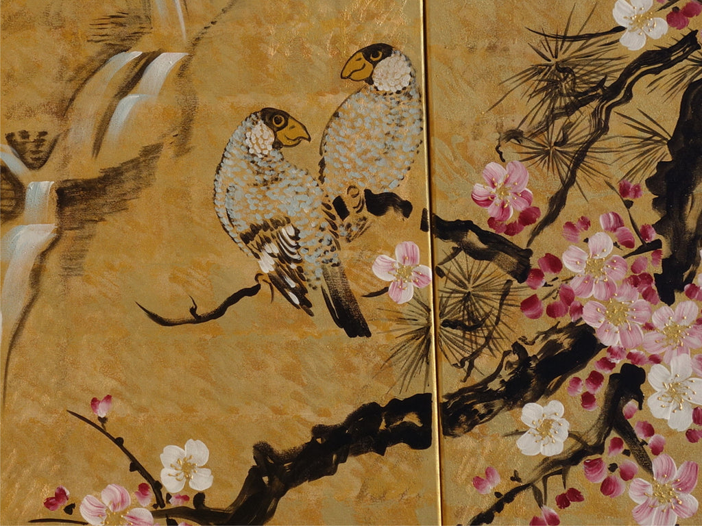 Love Birds J166 large Japanese gold triptych - original paintings by Ksavera