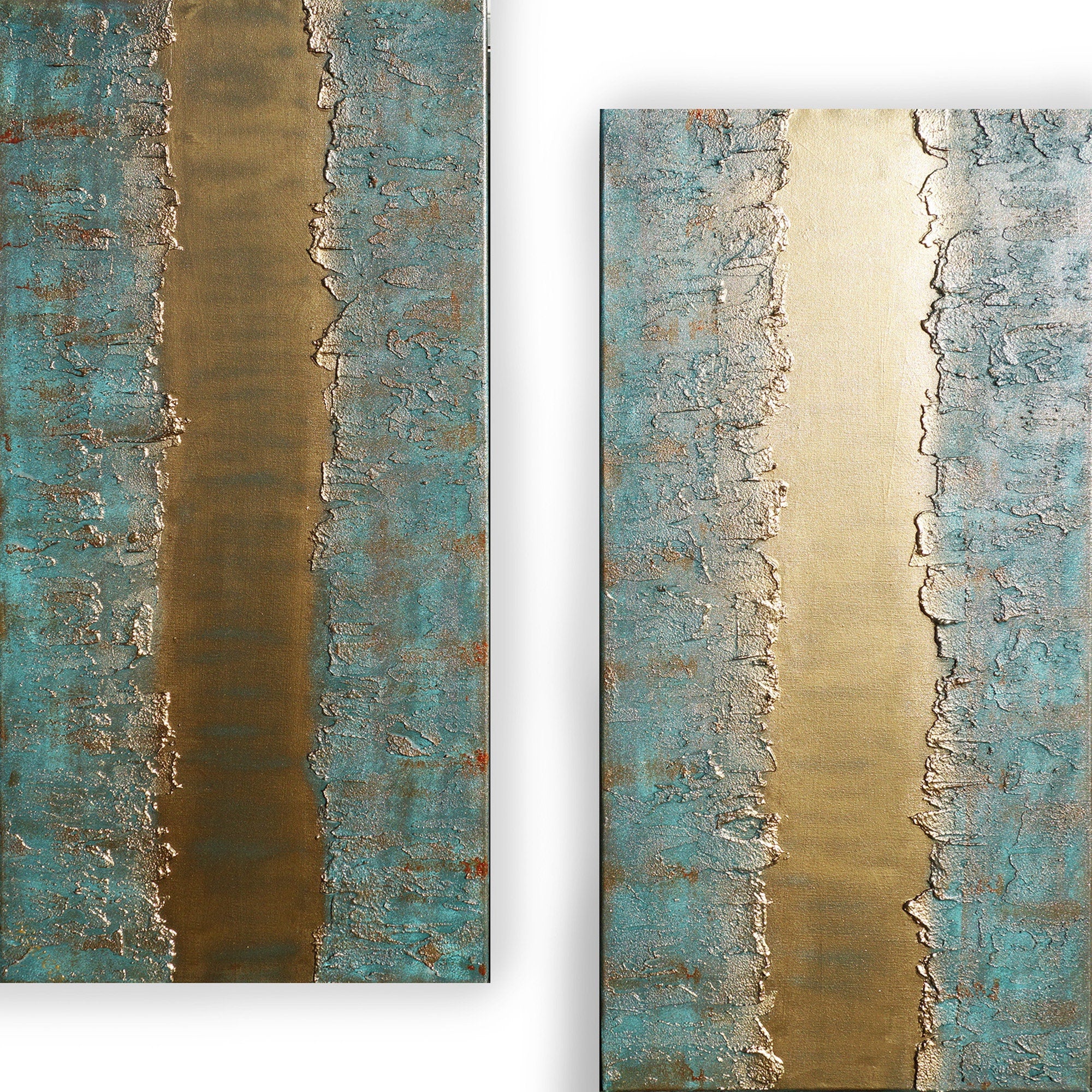 Gold patina Paintings “Abstract A443” - Textured Long Diptych by Ksavera