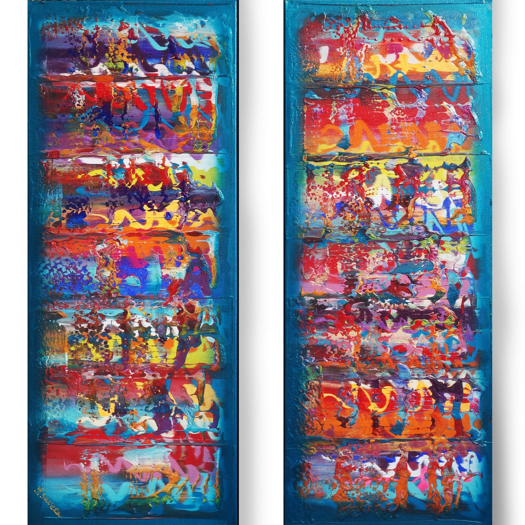 Abstract A638 blue colorful diptych - narrow long abstract paintings by artist Ksavera