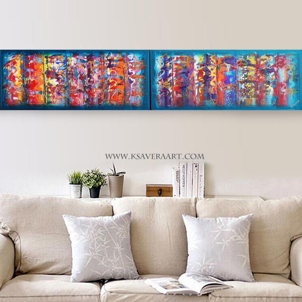 Abstract A638 blue colorful diptych - narrow long abstract paintings by artist Ksavera