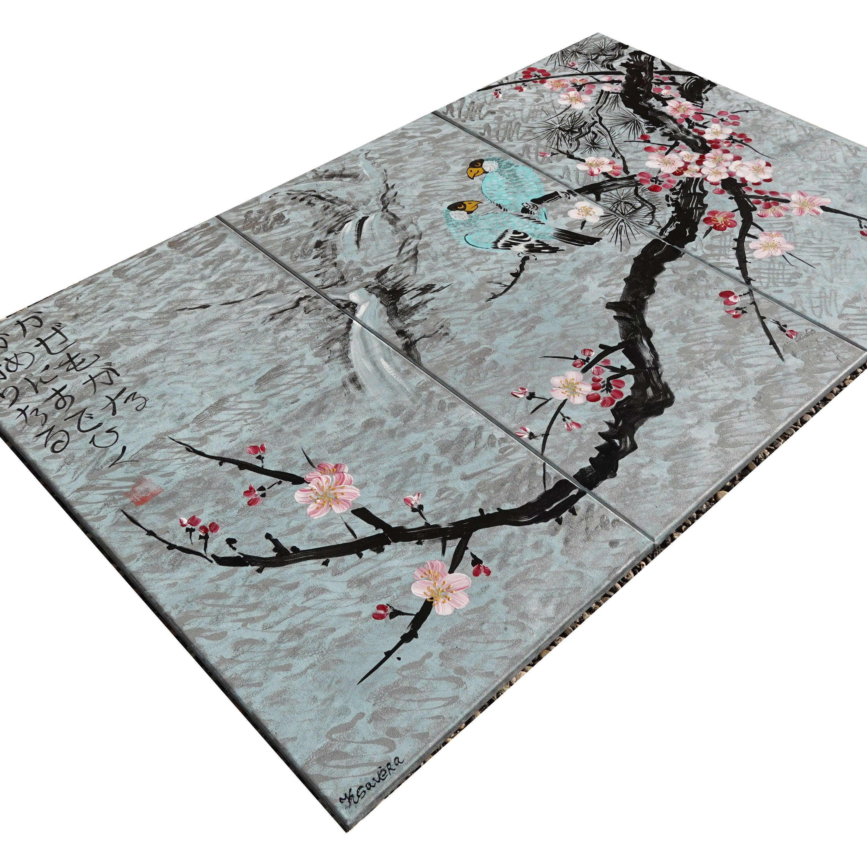 Love Birds J168 large Japanese silver triptych - original paintings by Ksavera