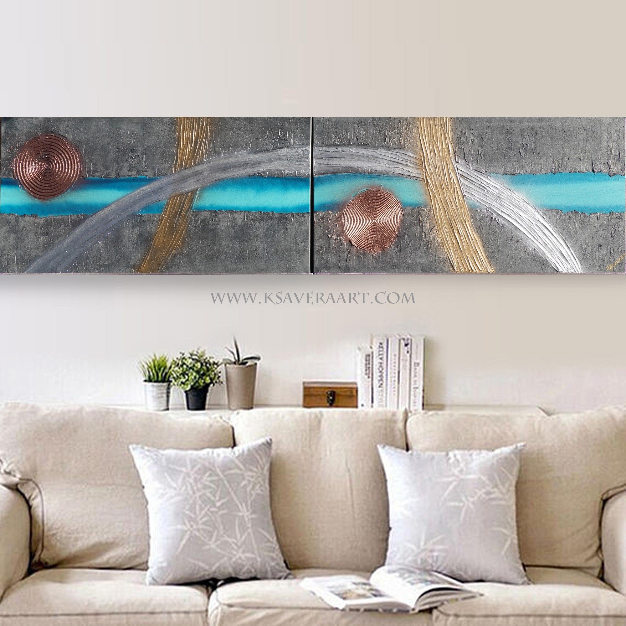 Peintures en turquoise de fer « Abstrait A680 » — Diptyque allongé texturé de Ksavera