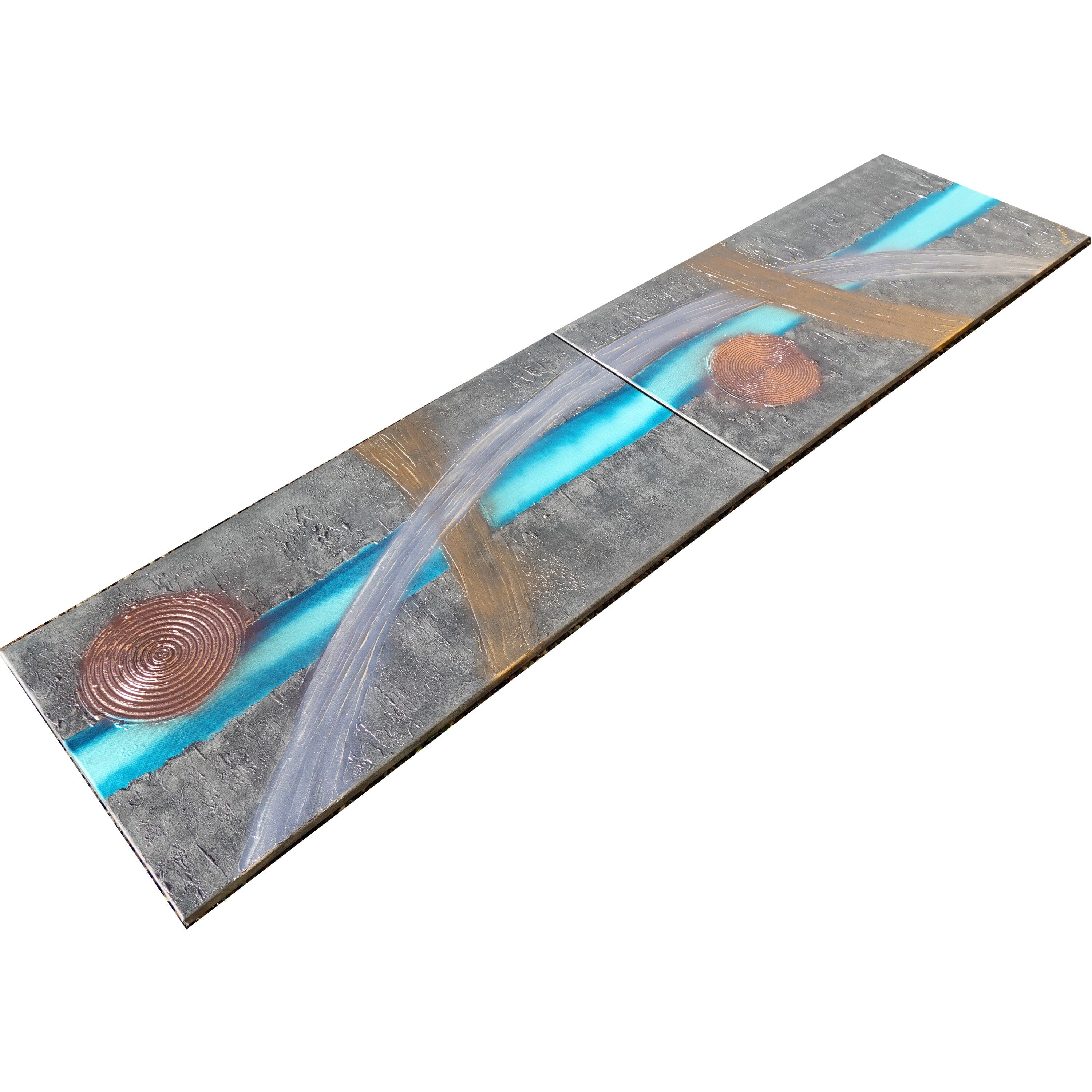 Peintures en turquoise de fer « Abstrait A680 » — Diptyque allongé texturé de Ksavera