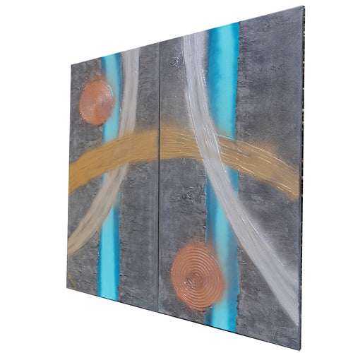 Iron Turquoise Paintings “Abstract A680” — Textured Long Diptych by Ksavera