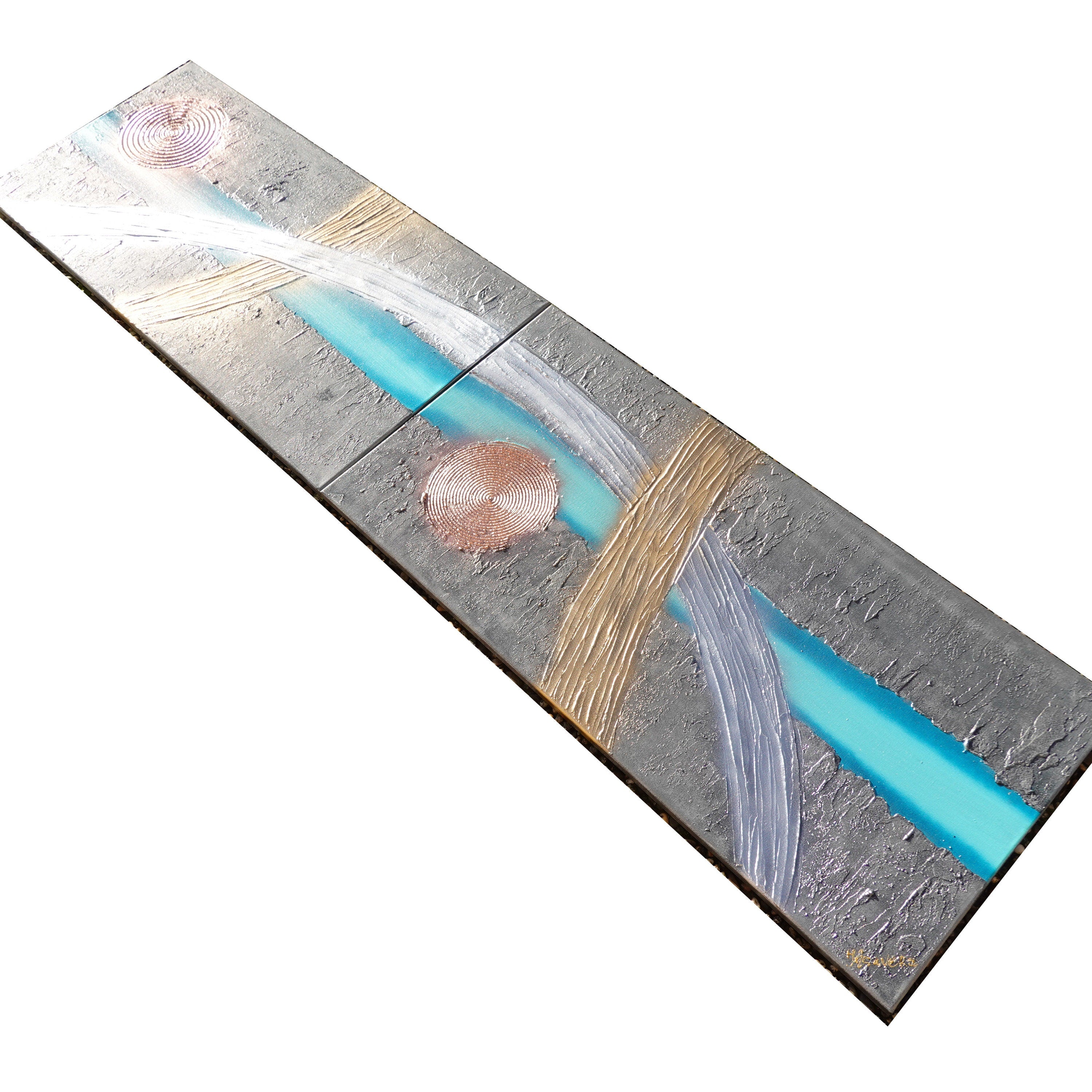 Peintures en turquoise de fer « Abstrait A680 » — Diptyque allongé texturé de Ksavera