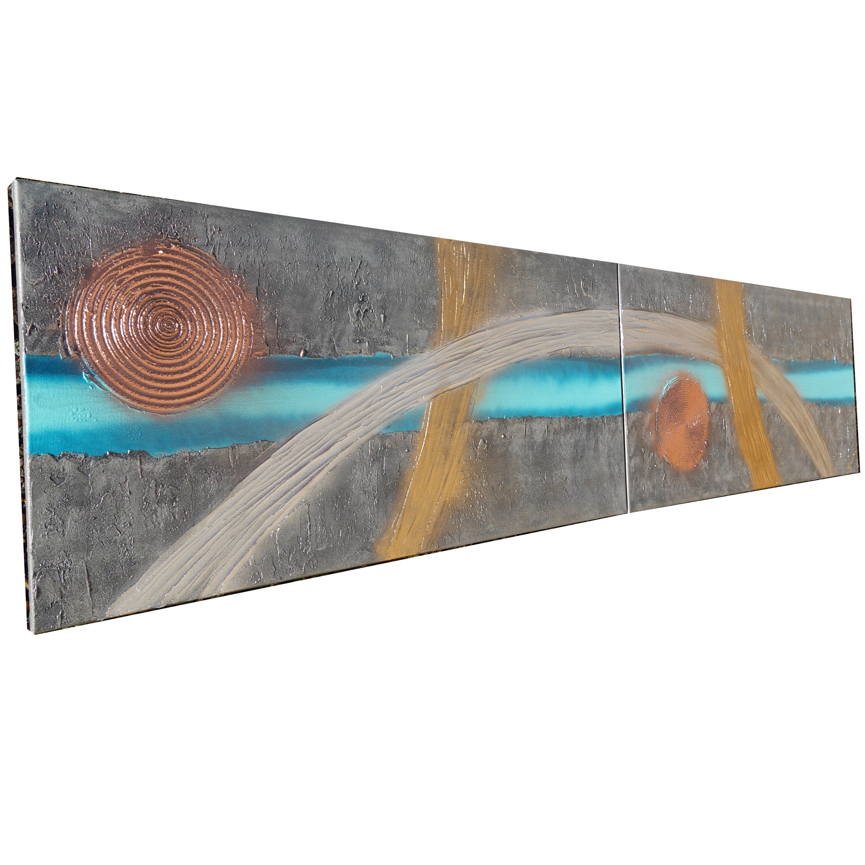 Peintures en turquoise de fer « Abstrait A680 » — Diptyque allongé texturé de Ksavera