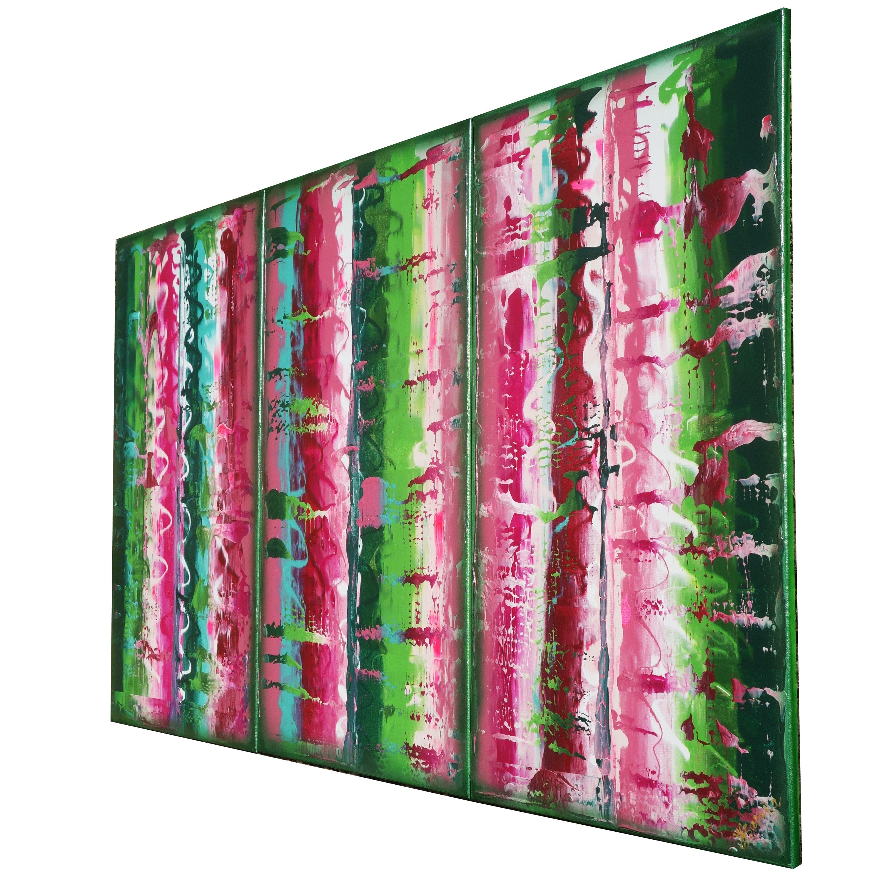 Pink green Paintings “Abstract A609” - Large palette knife Triptych by Ksavera