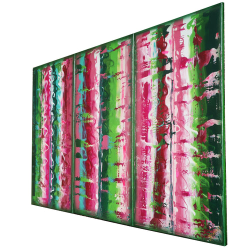Pink green Paintings “Abstract A609” - Large palette knife Triptych by Ksavera
