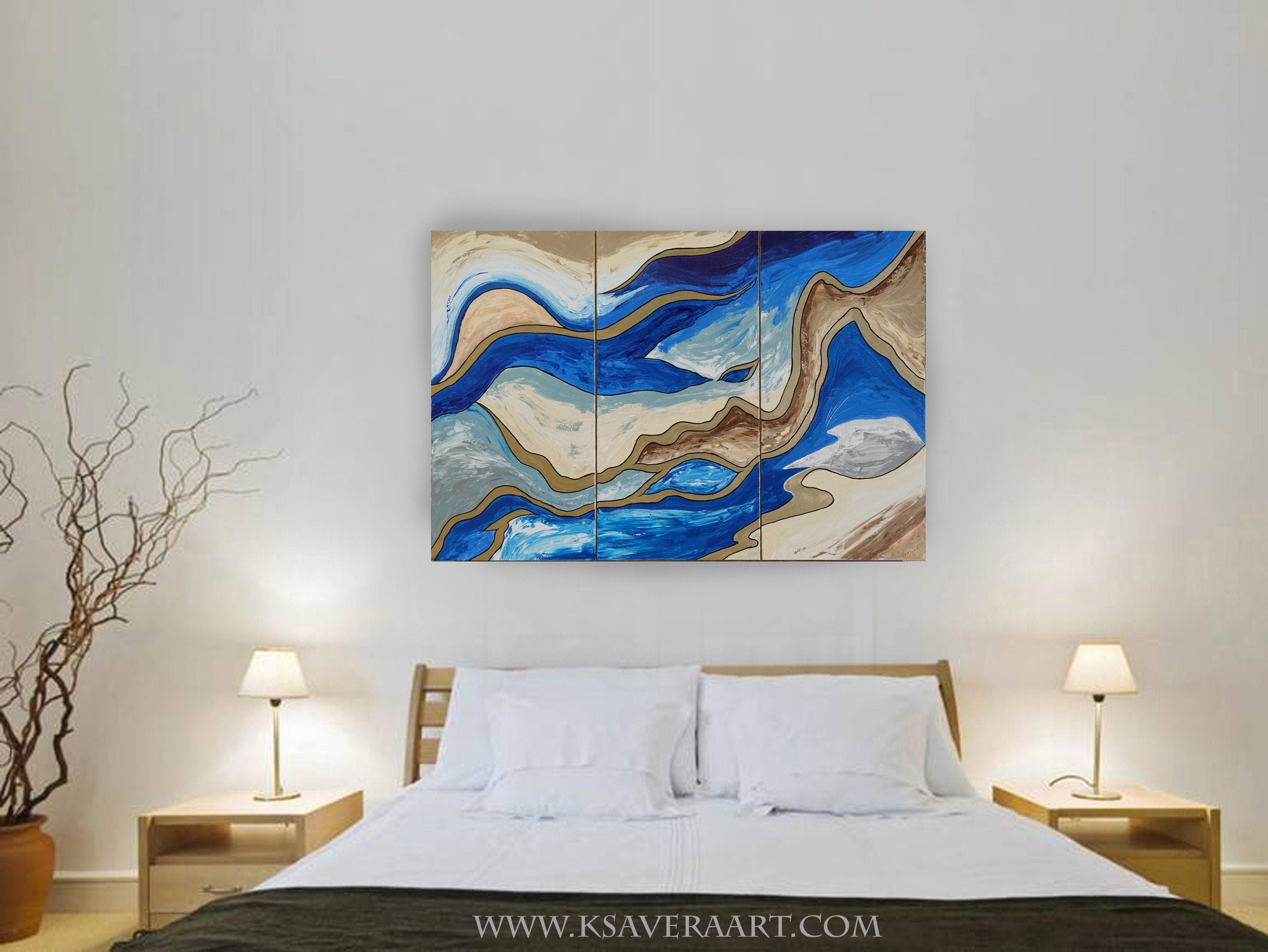 Gold blue Paintings “Abstract A793” - Large abstract Triptych by Ksavera