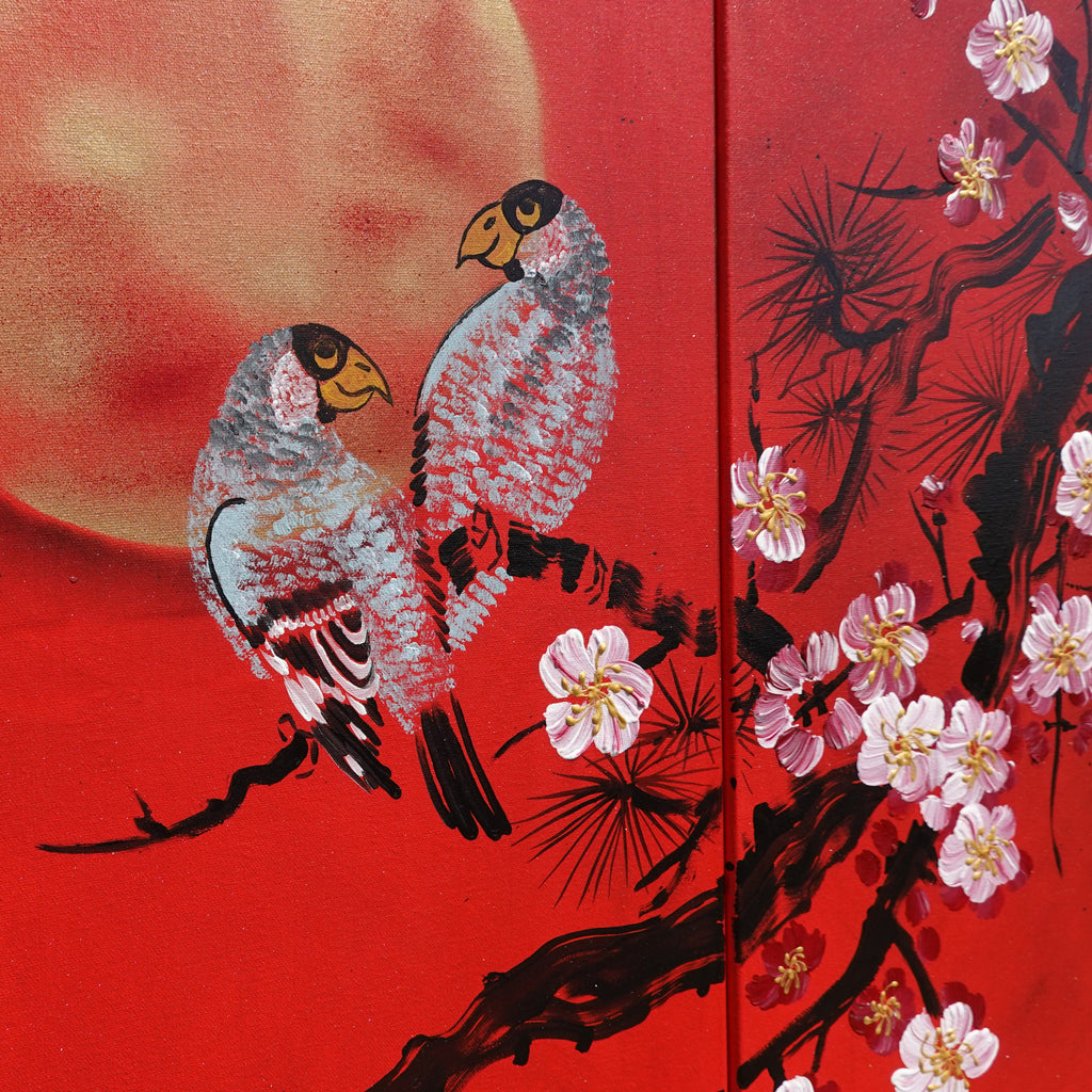 Sakura and love birds J187 is a large-scale Japanese-inspired red gold triptych - Original Acrylic Painting on stretched canvas by artist Ksavera