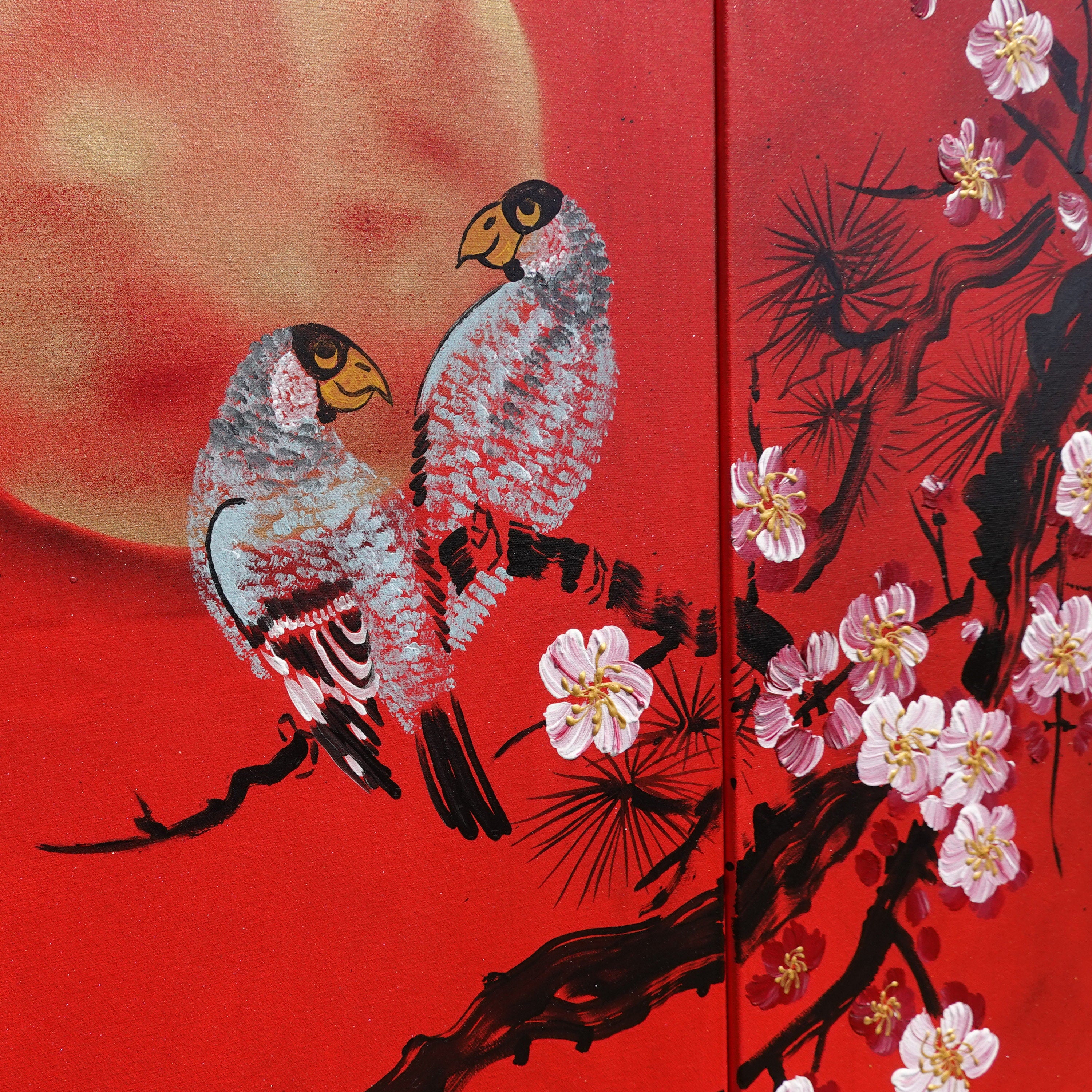 Sakura and love birds J187 is a large-scale Japanese-inspired red gold triptych - Original Acrylic Painting on stretched canvas by artist Ksavera