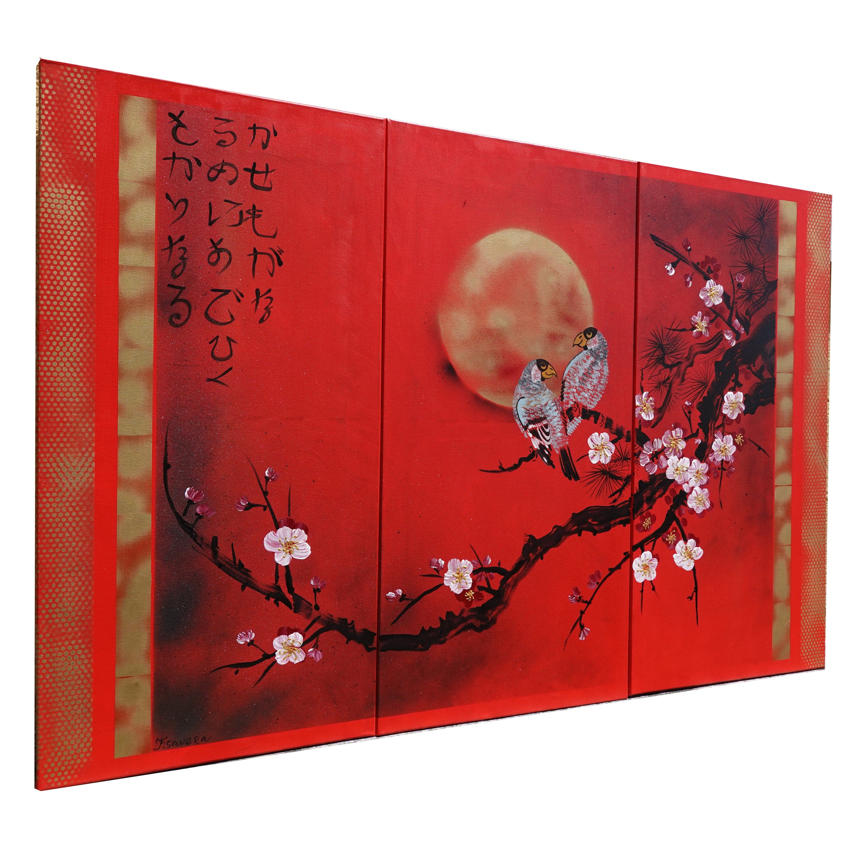 Sakura and love birds J187 is a large-scale Japanese-inspired red gold triptych - Original Acrylic Painting on stretched canvas by artist Ksavera