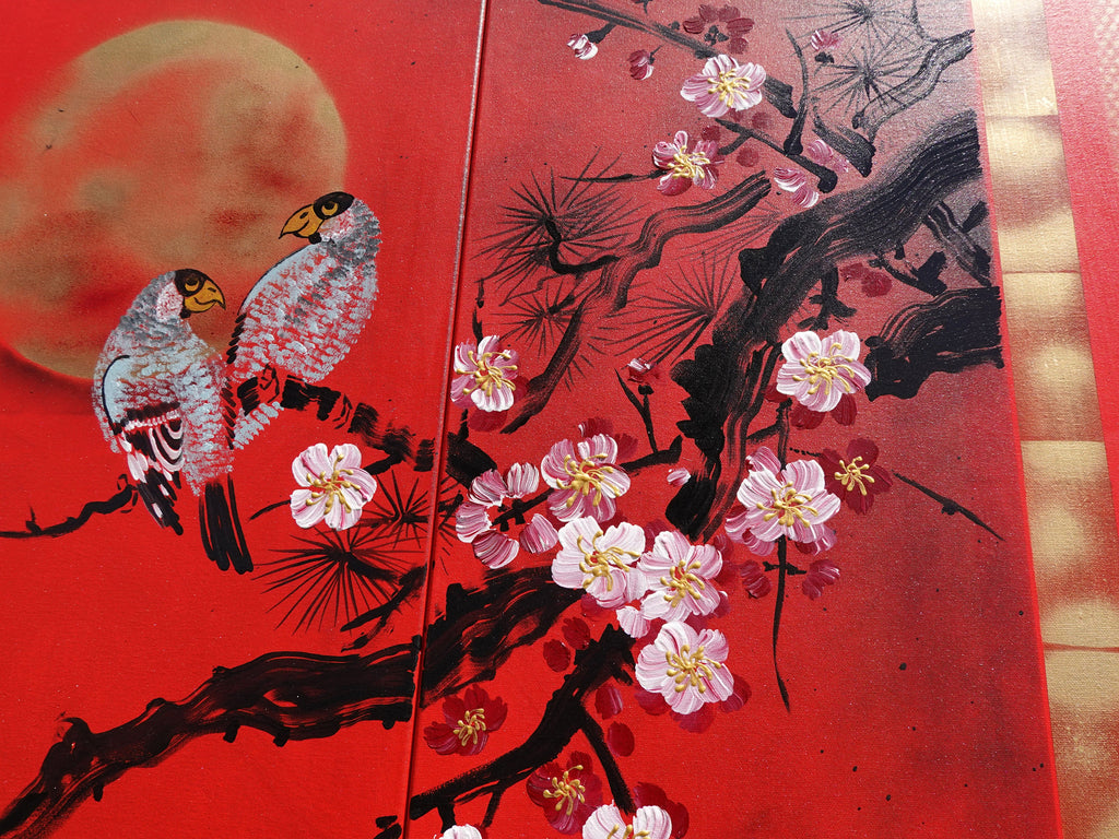 Sakura and love birds J187 is a large-scale Japanese-inspired red gold triptych - Original Acrylic Painting on stretched canvas by artist Ksavera