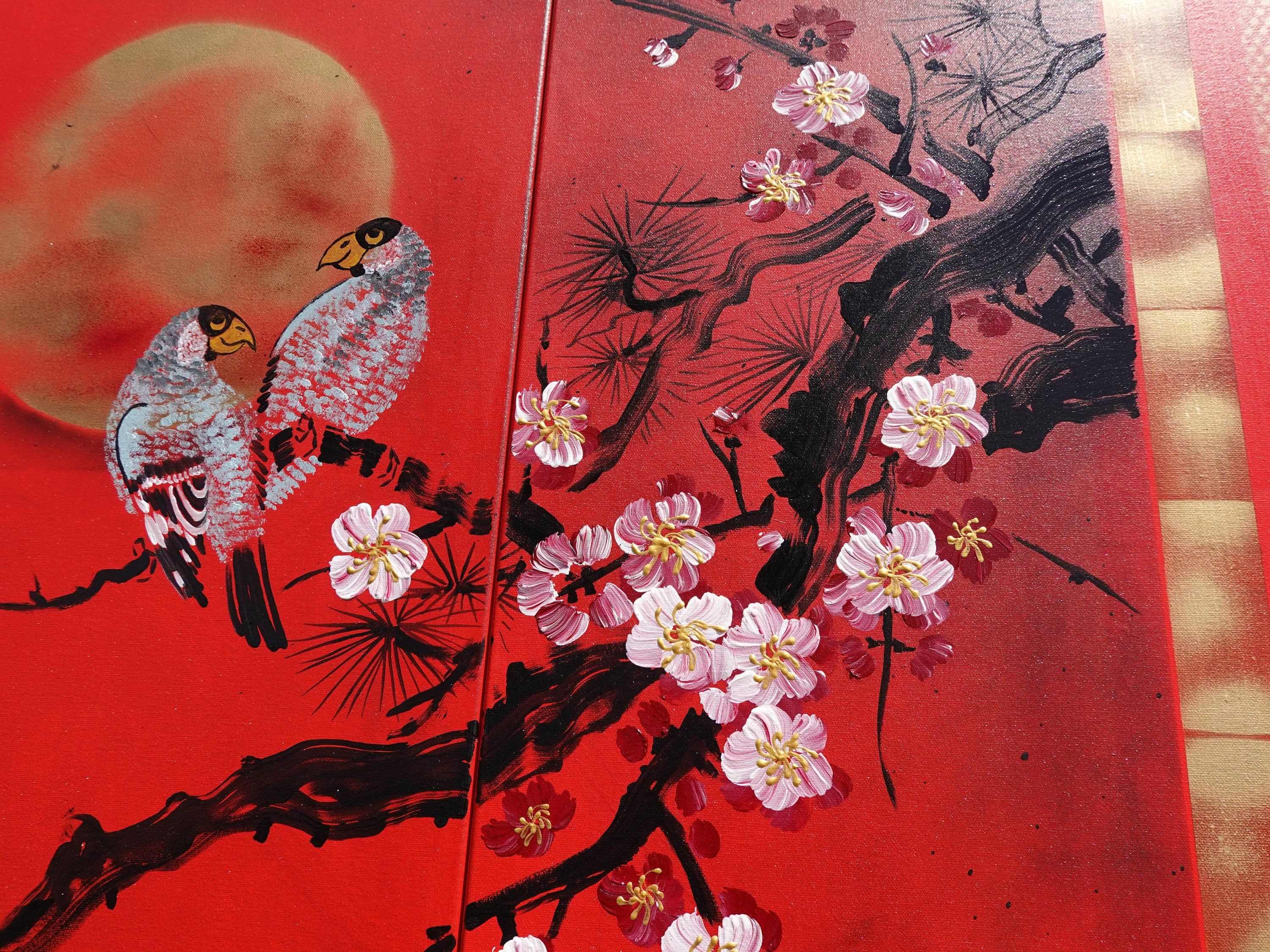 Sakura and love birds J187 is a large-scale Japanese-inspired red gold triptych - Original Acrylic Painting on stretched canvas by artist Ksavera