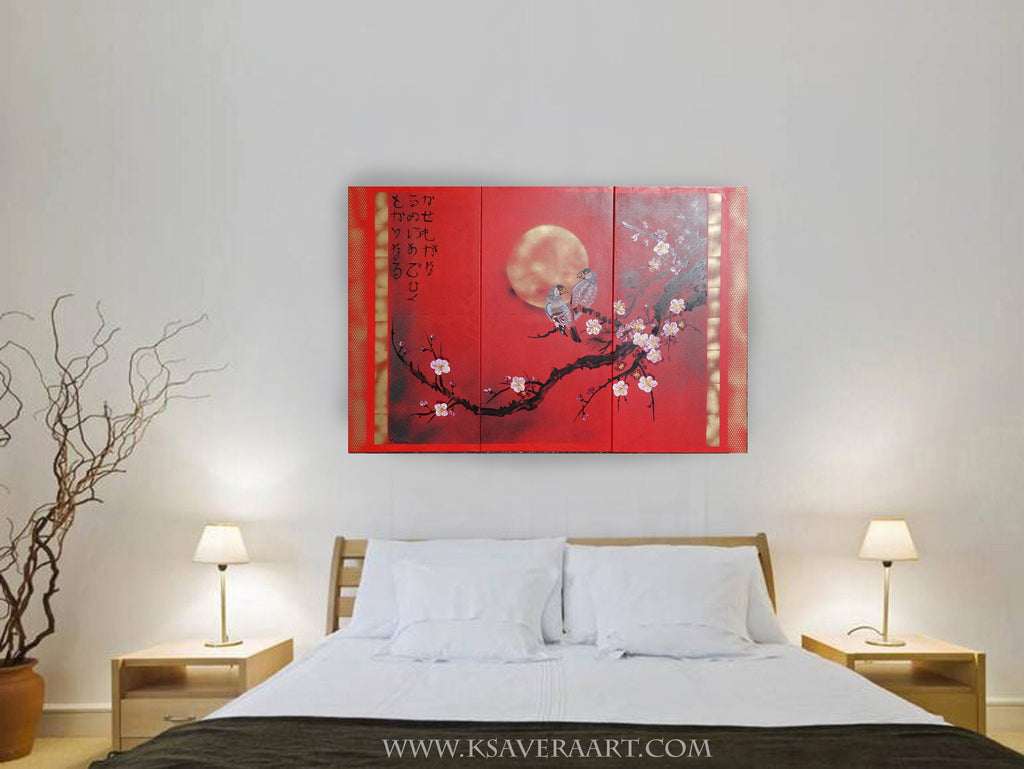 Sakura and love birds J187 is a large-scale Japanese-inspired red gold triptych - Original Acrylic Painting on stretched canvas by artist Ksavera