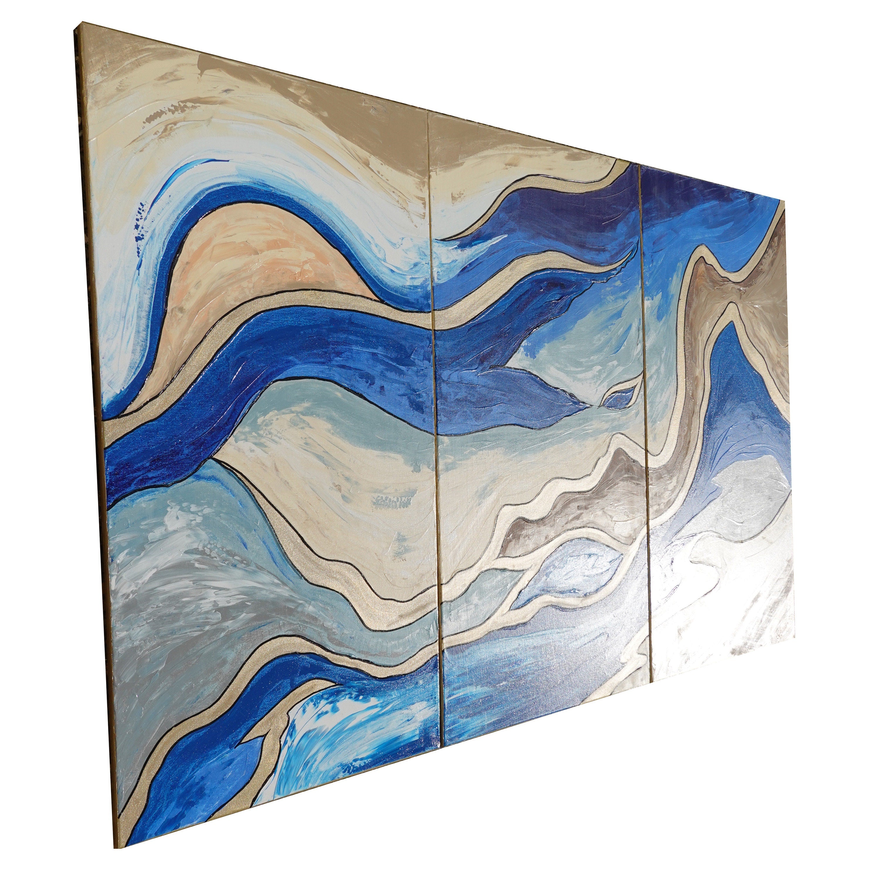 Gold blue Paintings “Abstract A793” - Large abstract Triptych by Ksavera