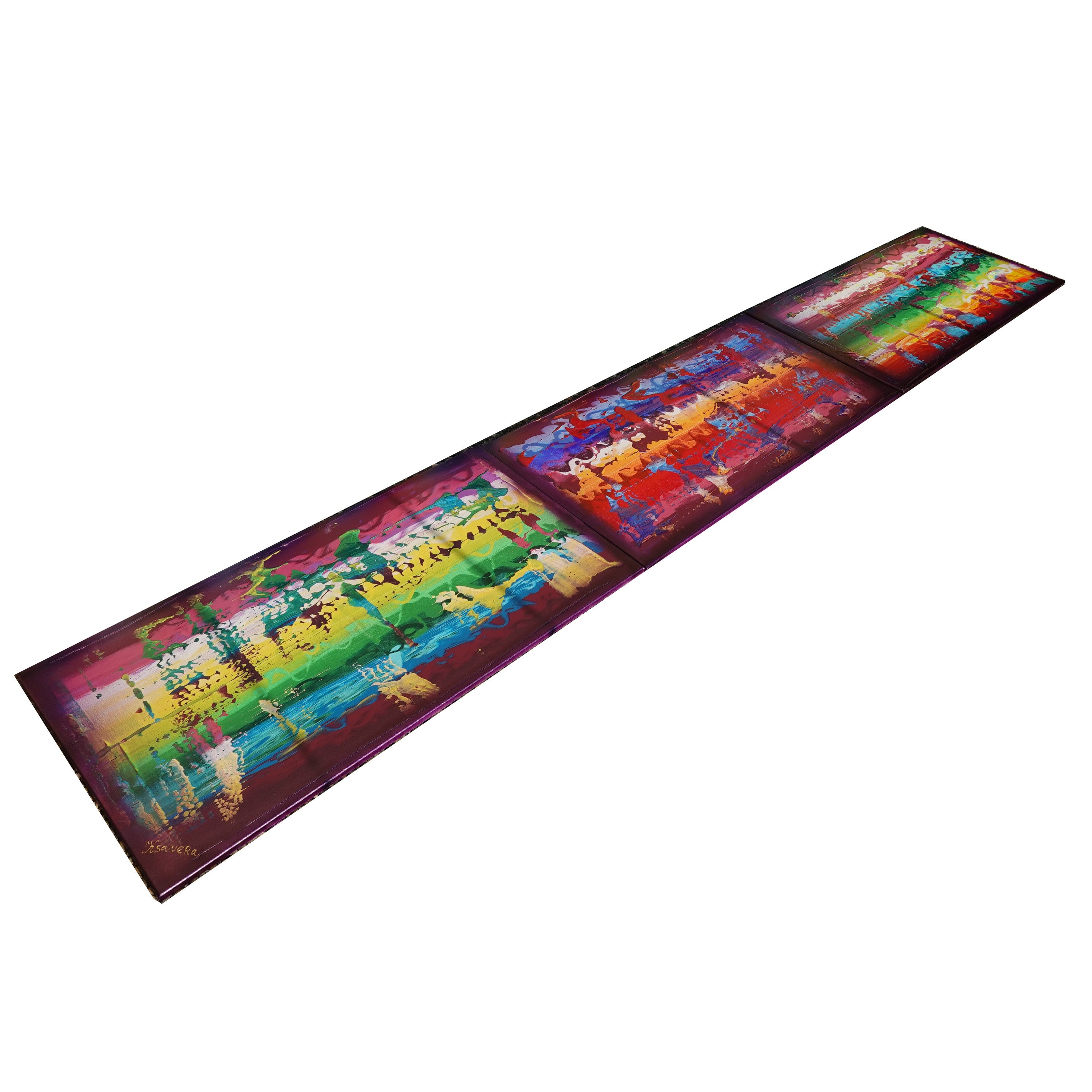 Purple colorful Paintings “Abstract A832” - Large palette knife Triptych by Ksavera