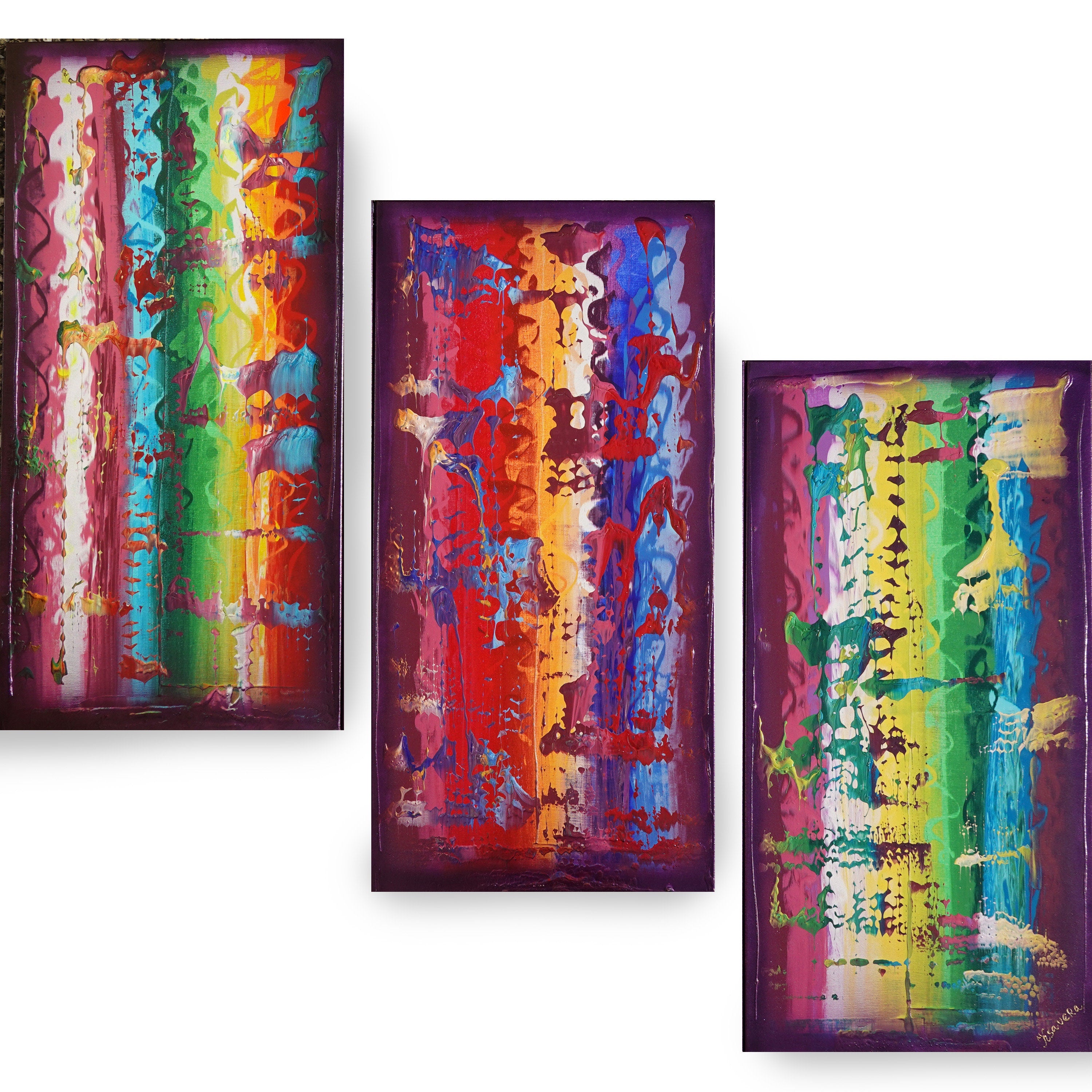 Purple colorful Paintings “Abstract A832” - Large palette knife Triptych by Ksavera