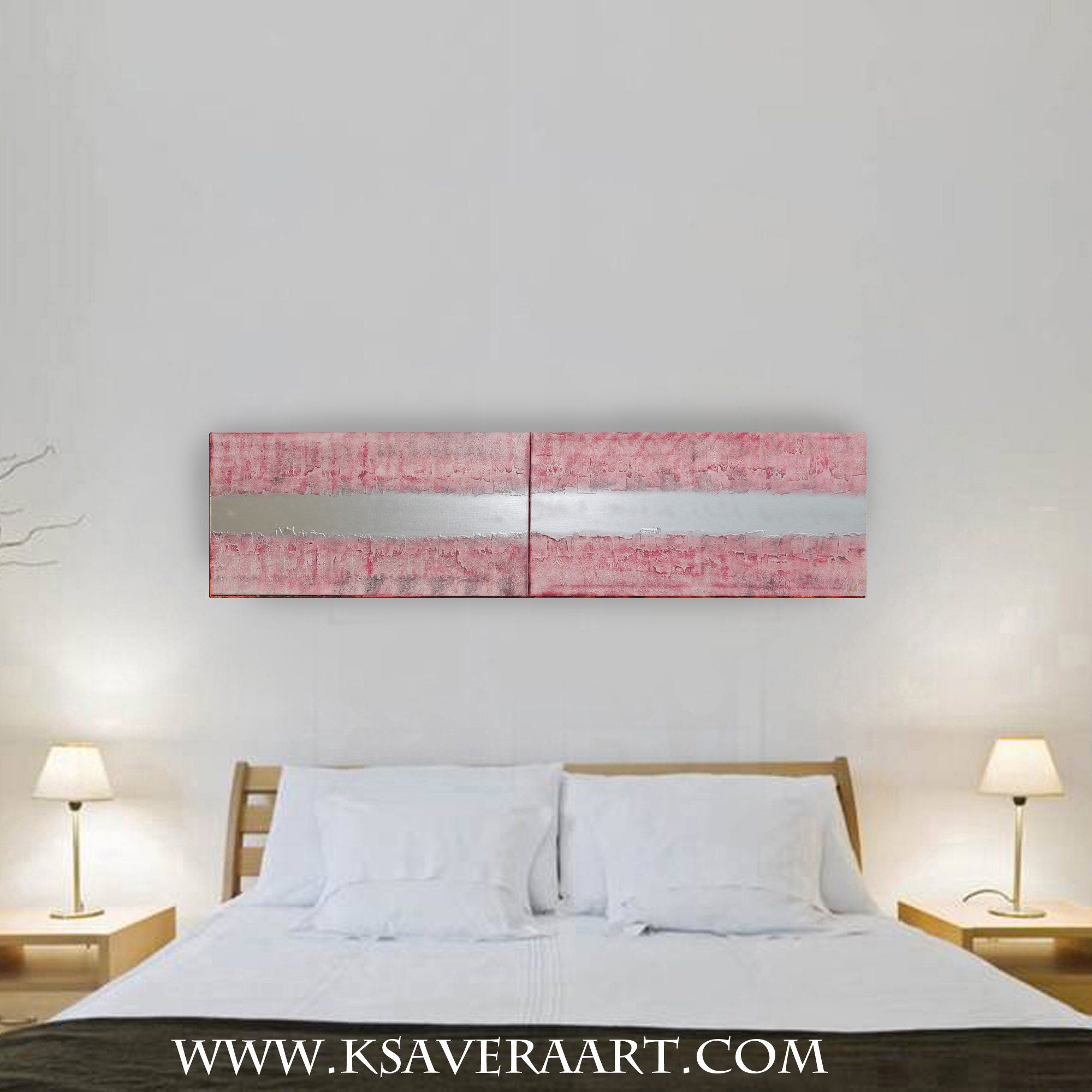 Silver pink Paintings “Abstract A814” - Textured Long Diptych by Ksavera