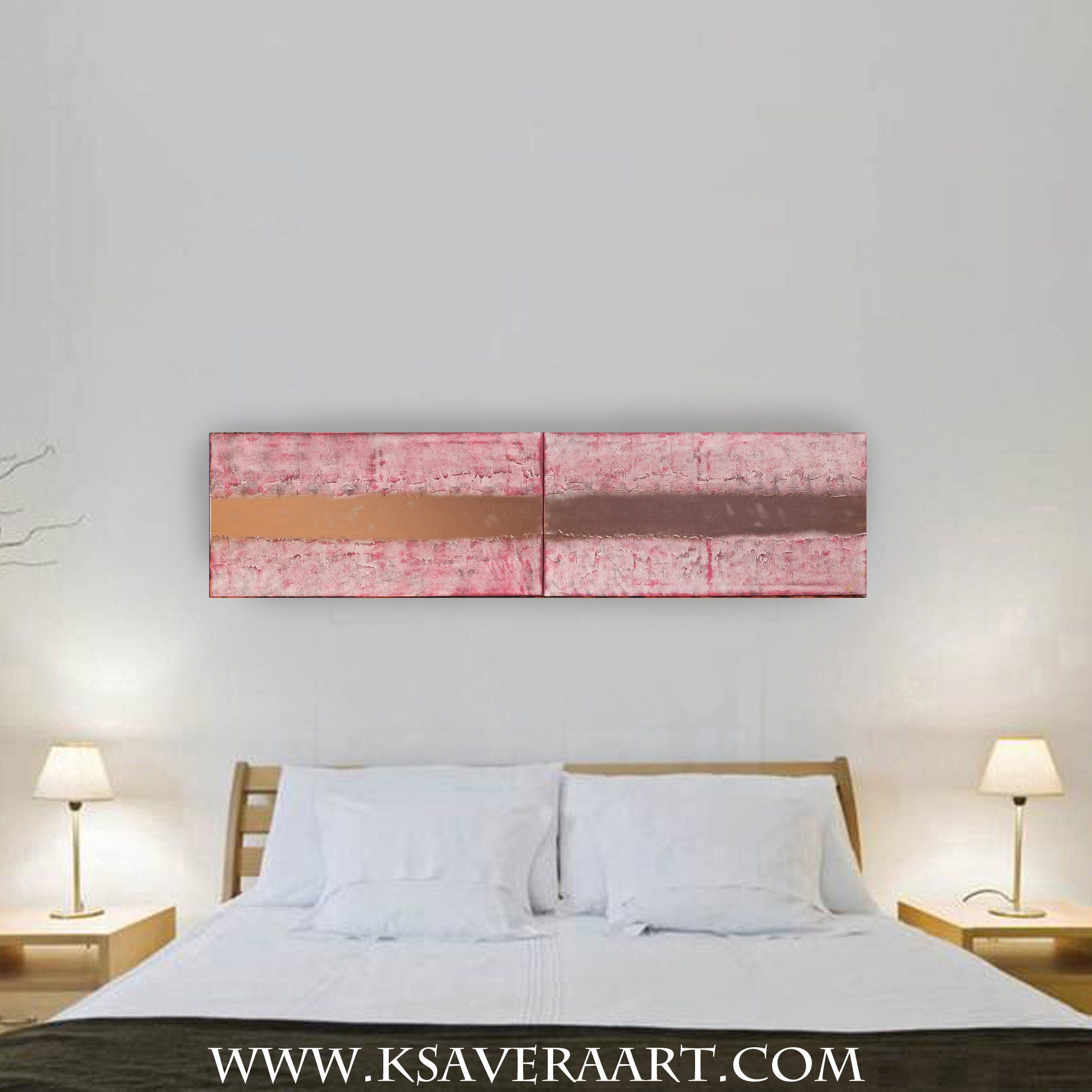Copper pink Paintings “Abstract A824” - Textured Long Diptych by Ksavera