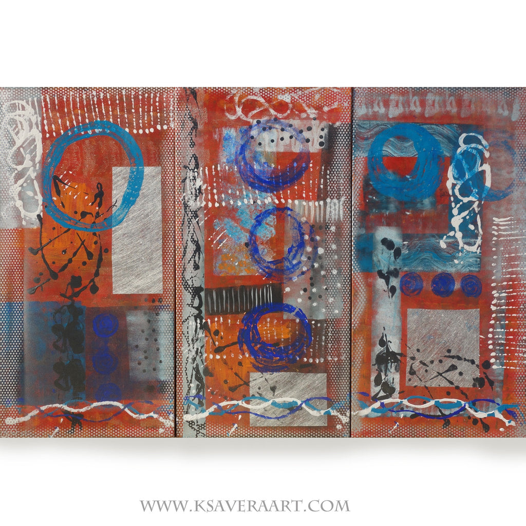 Silver Brick red Paintings “Abstract A221” - Large original Triptych by Ksavera
