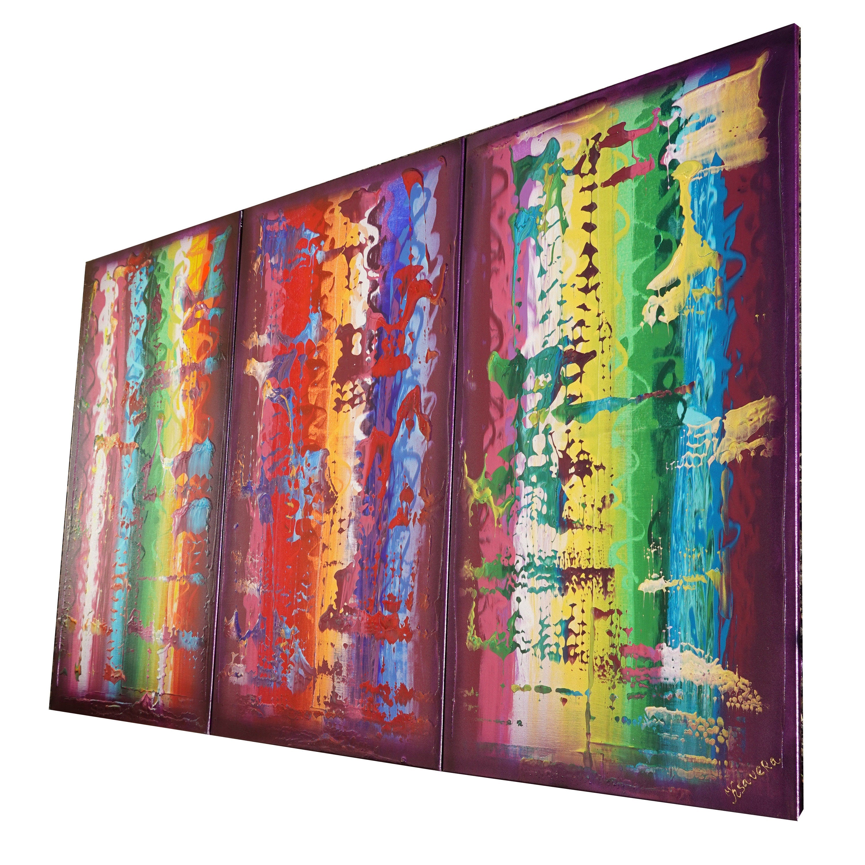 Purple colorful Paintings “Abstract A832” - Large palette knife Triptych by Ksavera