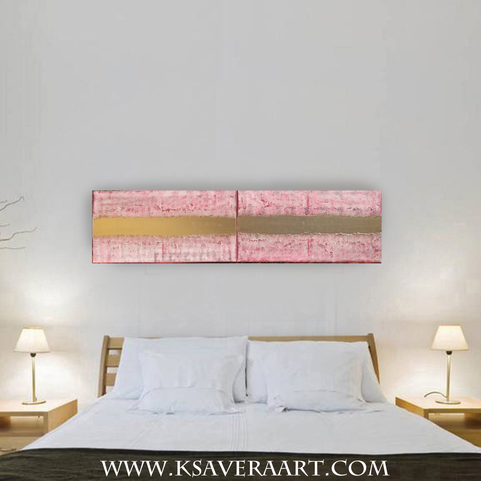 Gold pink Paintings “Abstract A826” - Textured Long Diptych by Ksavera