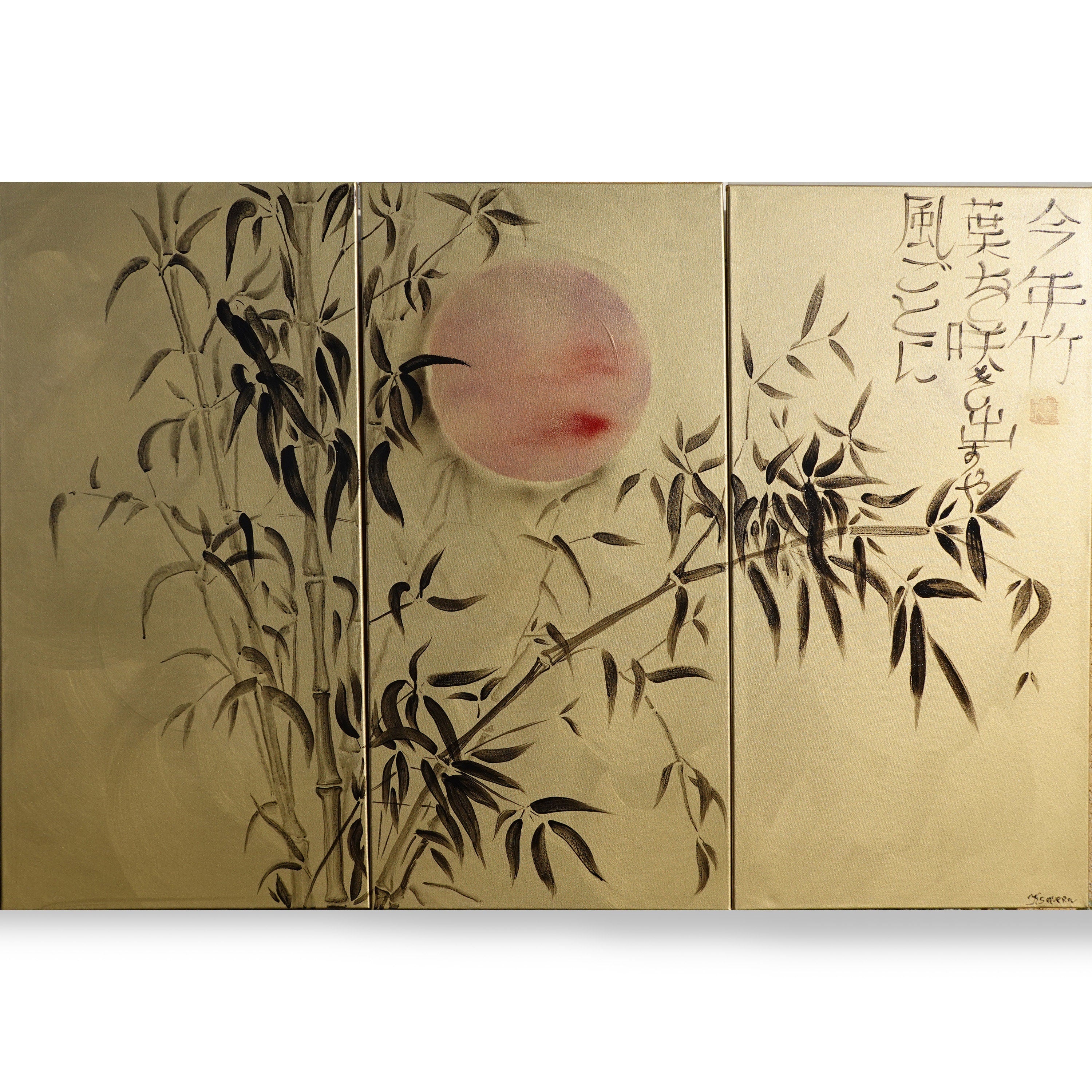 Bamboo J204 est une grande peinture acrylique originale japonaise dorée sur toile de l'artiste Ksavera.