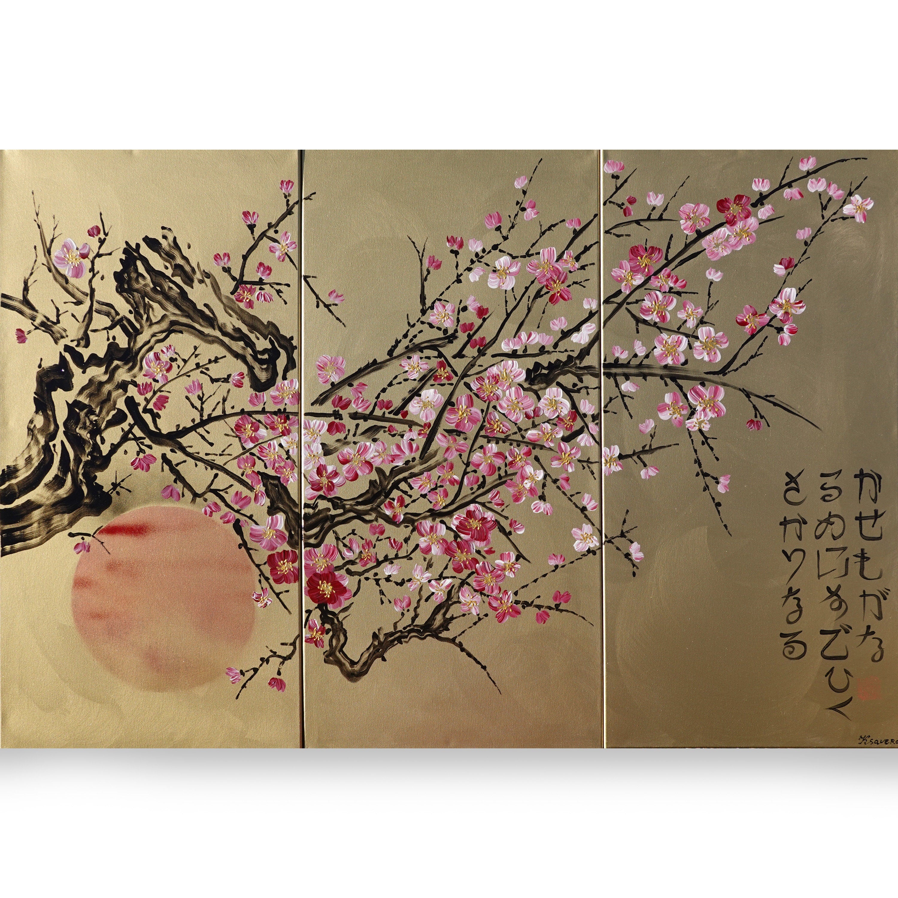 Sakura J205 Japanese gold triptych Original Painting by Ksavera