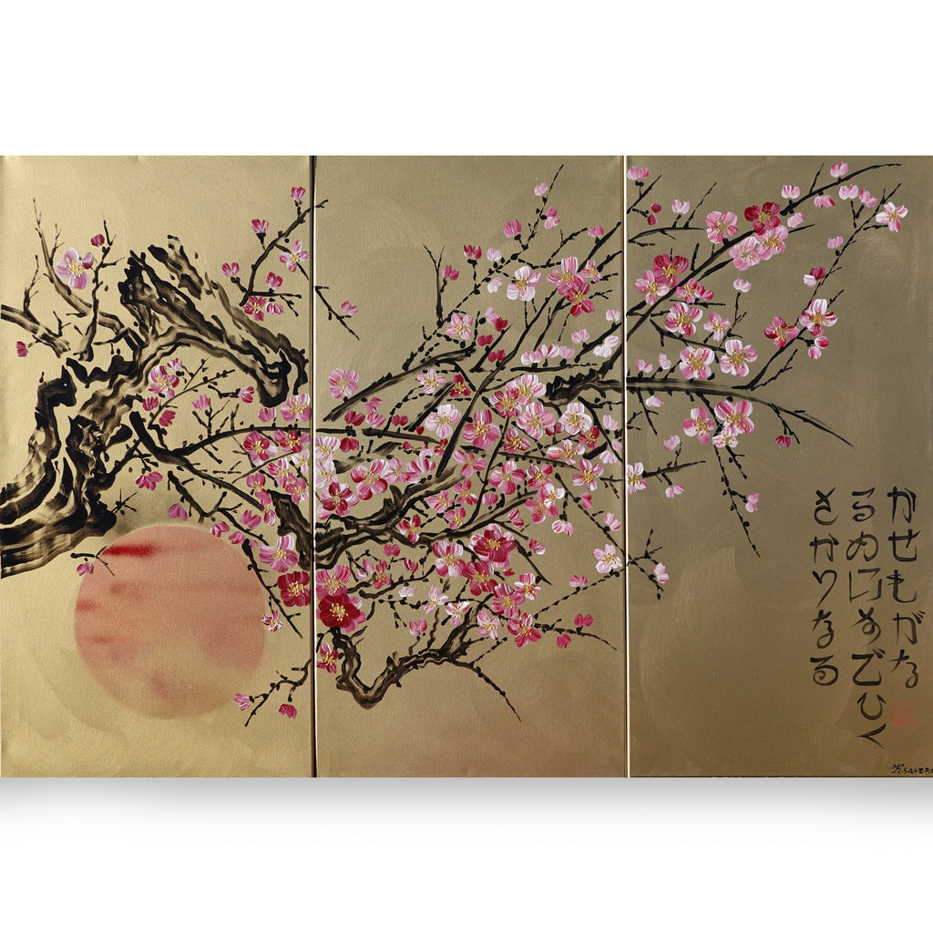 Sakura J205 is a large-scale Japanese-inspired gold triptych - Original Acrylic Painting on stretched canvas by artist Ksavera
