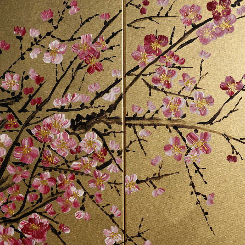 Sakura J205 is a large-scale Japanese-inspired gold triptych - Original Acrylic Painting on stretched canvas by artist Ksavera