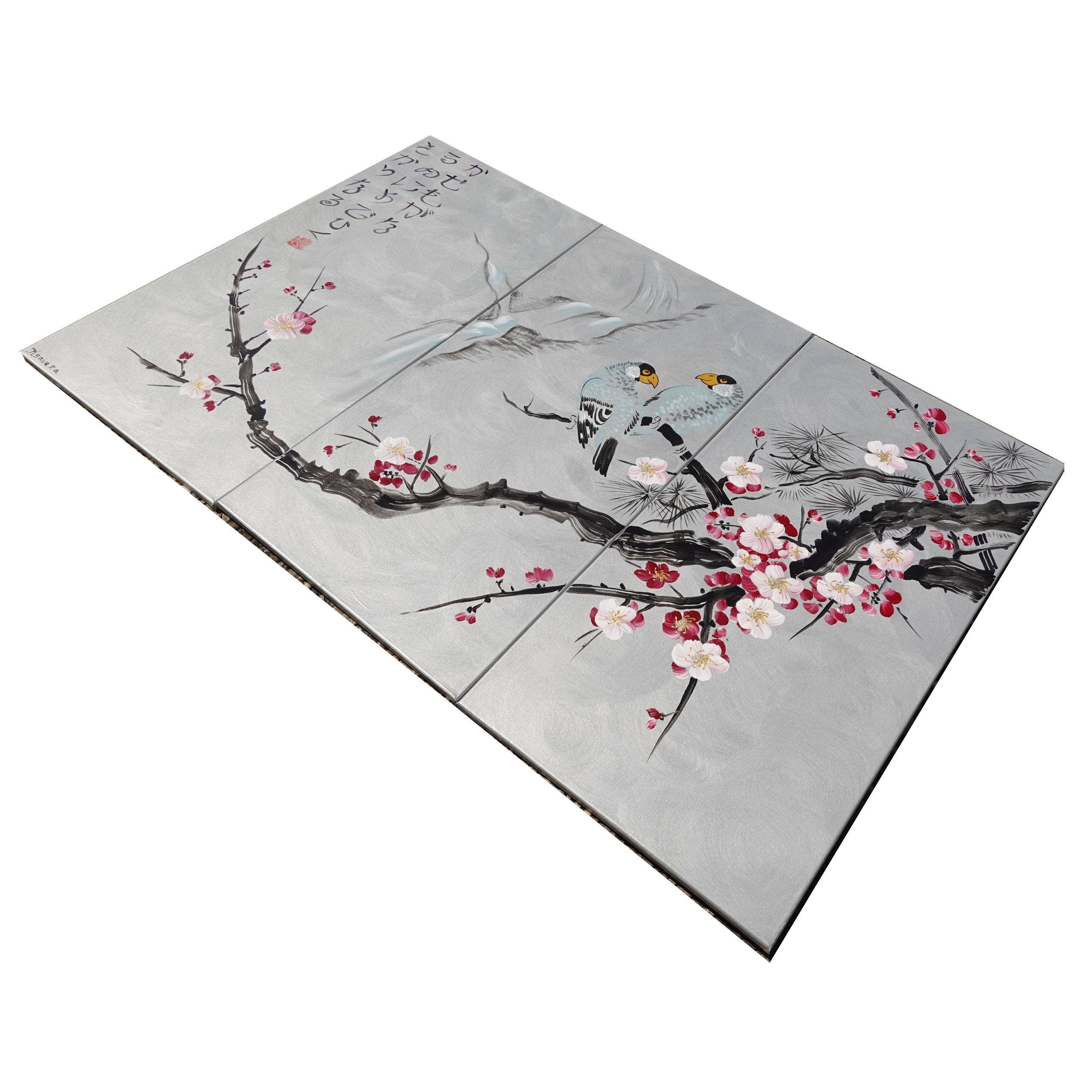 Sakura and Love Birds J186 is a large-scale Japanese-inspired silver triptych - Original Acrylic Painting on stretched canvas by artist Ksavera.