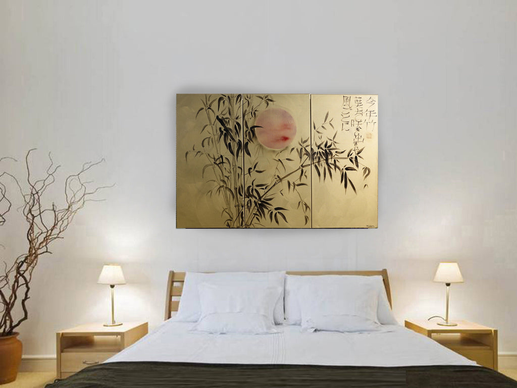 Bamboo J204 est une grande peinture acrylique originale japonaise dorée sur toile de l'artiste Ksavera.