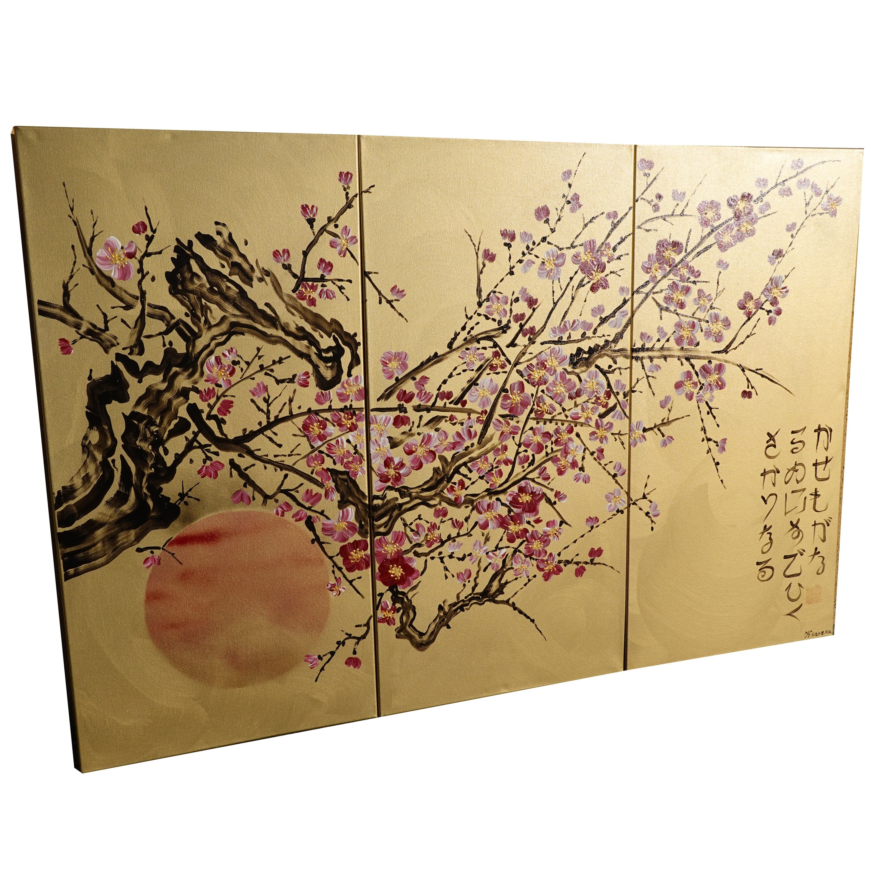 Sakura J205 Japanese gold triptych Original Painting by Ksavera
