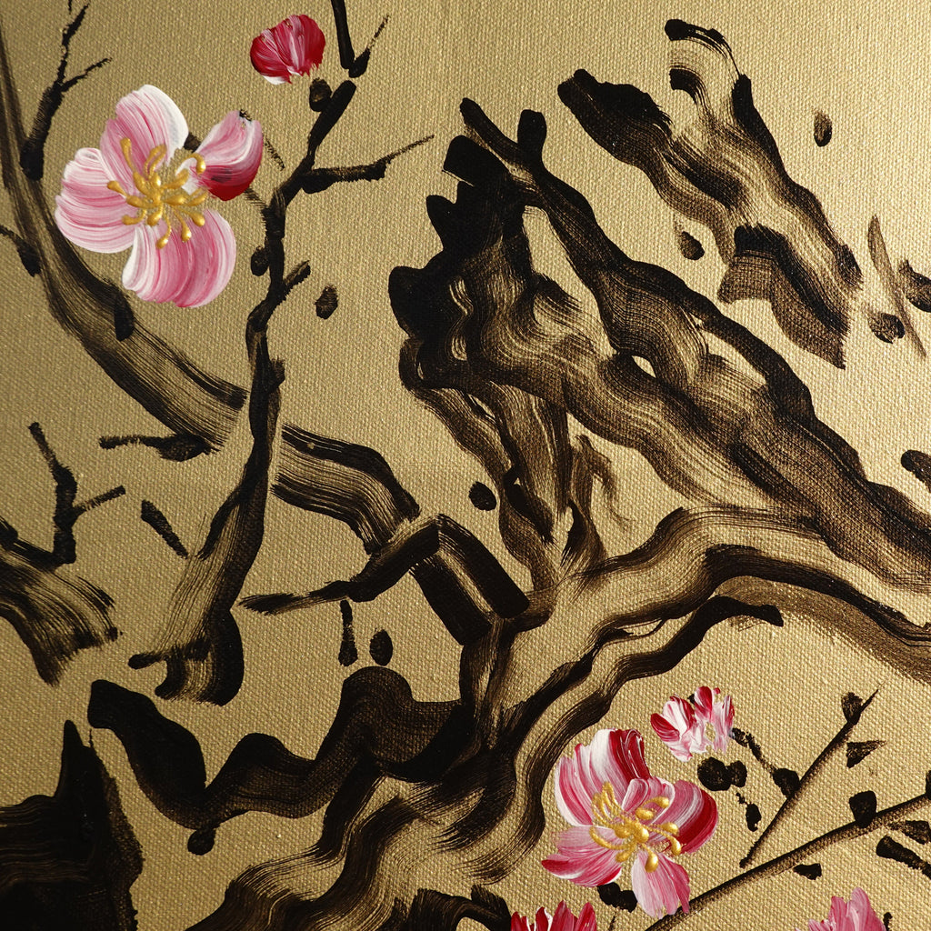 Sakura J205 is a large-scale Japanese-inspired gold triptych - Original Acrylic Painting on stretched canvas by artist Ksavera