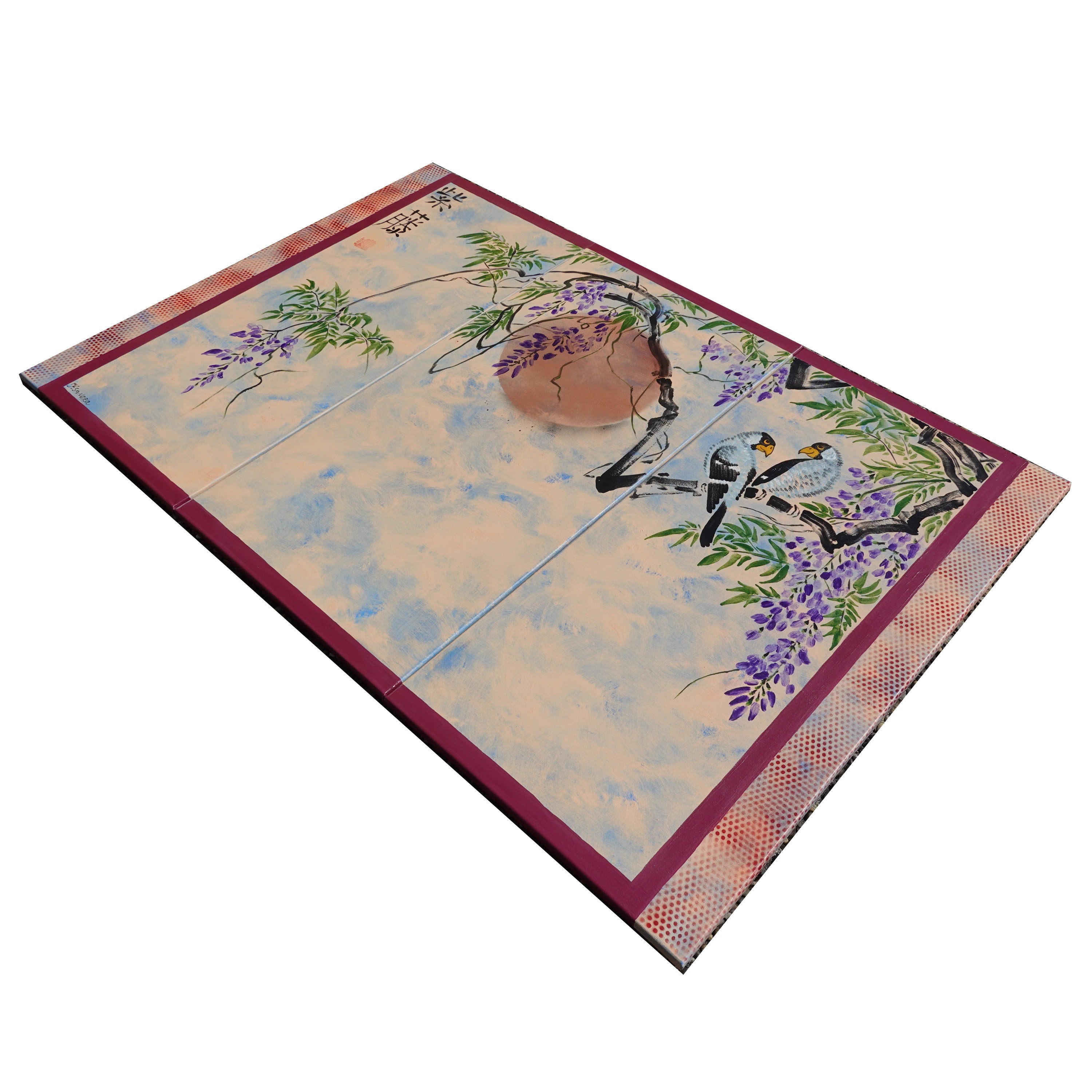 Glycine et inséparables J180 est un triptyque de grande envergure d'inspiration japonaise réalisé par Ksavera.