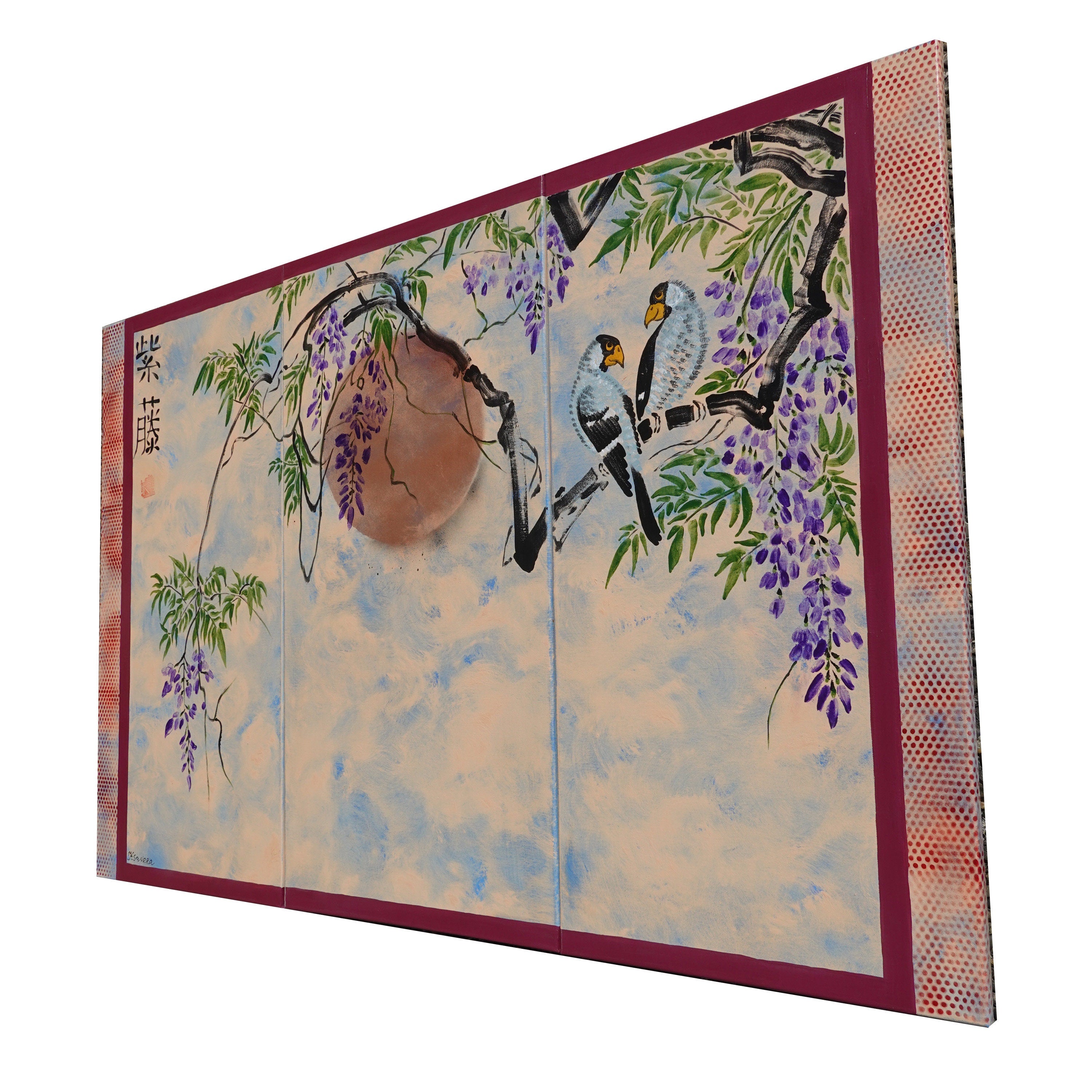 Glycine et inséparables J180 est un triptyque de grande envergure d'inspiration japonaise réalisé par Ksavera.