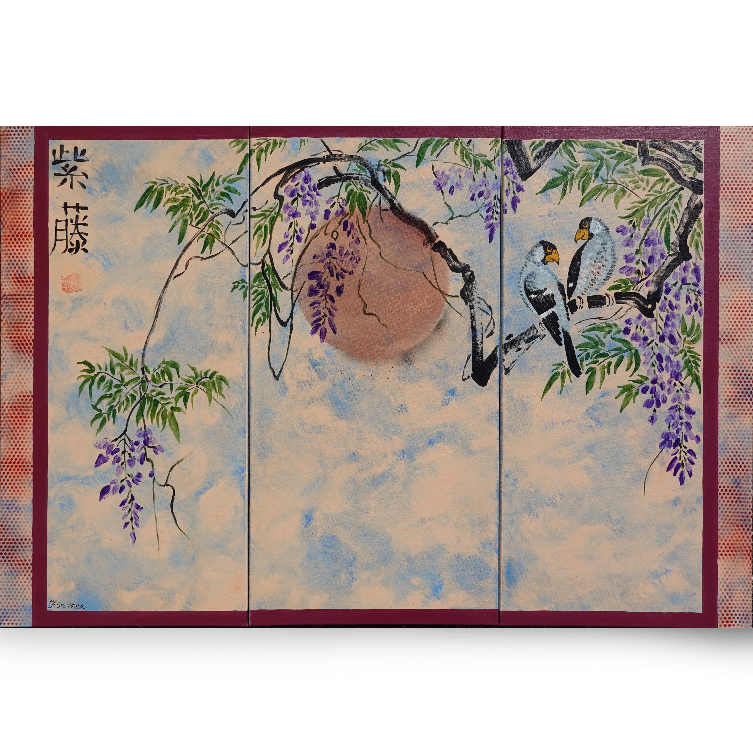 Glycine et inséparables J180 est un triptyque de grande envergure d'inspiration japonaise réalisé par Ksavera.