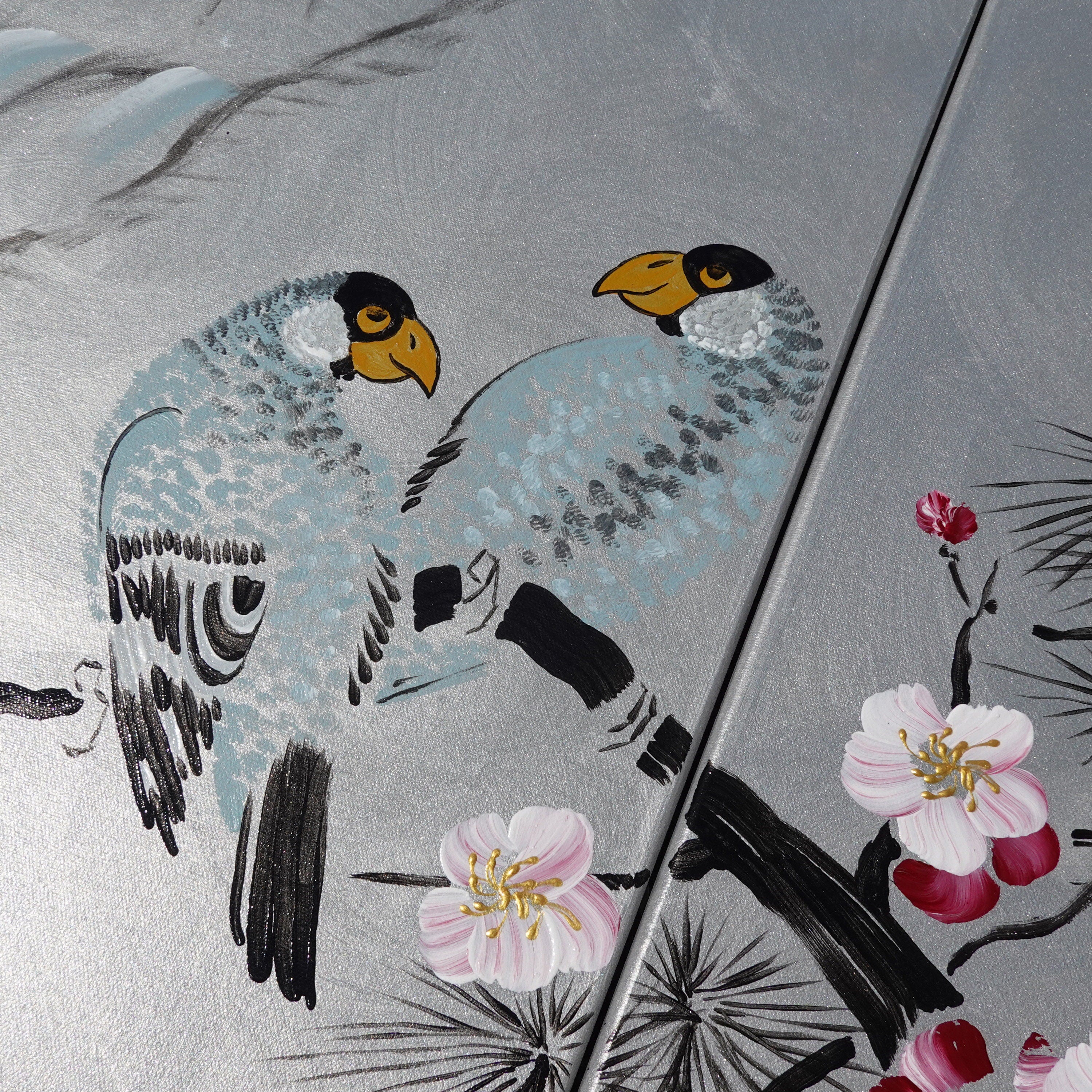 Sakura and Love Birds J186 large silver triptych Painting by