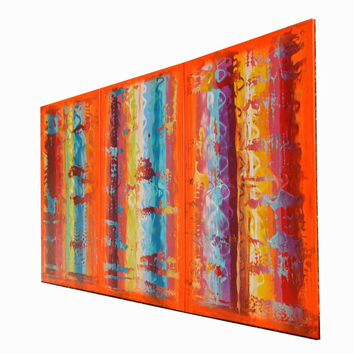 Neon orange Paintings “Abstract A837” - Large palette knife Triptych by Ksavera